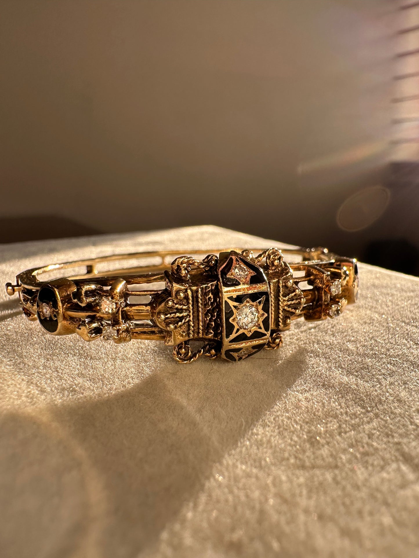 14k Enamel Diamond Victorian Style Bangle Bracelet