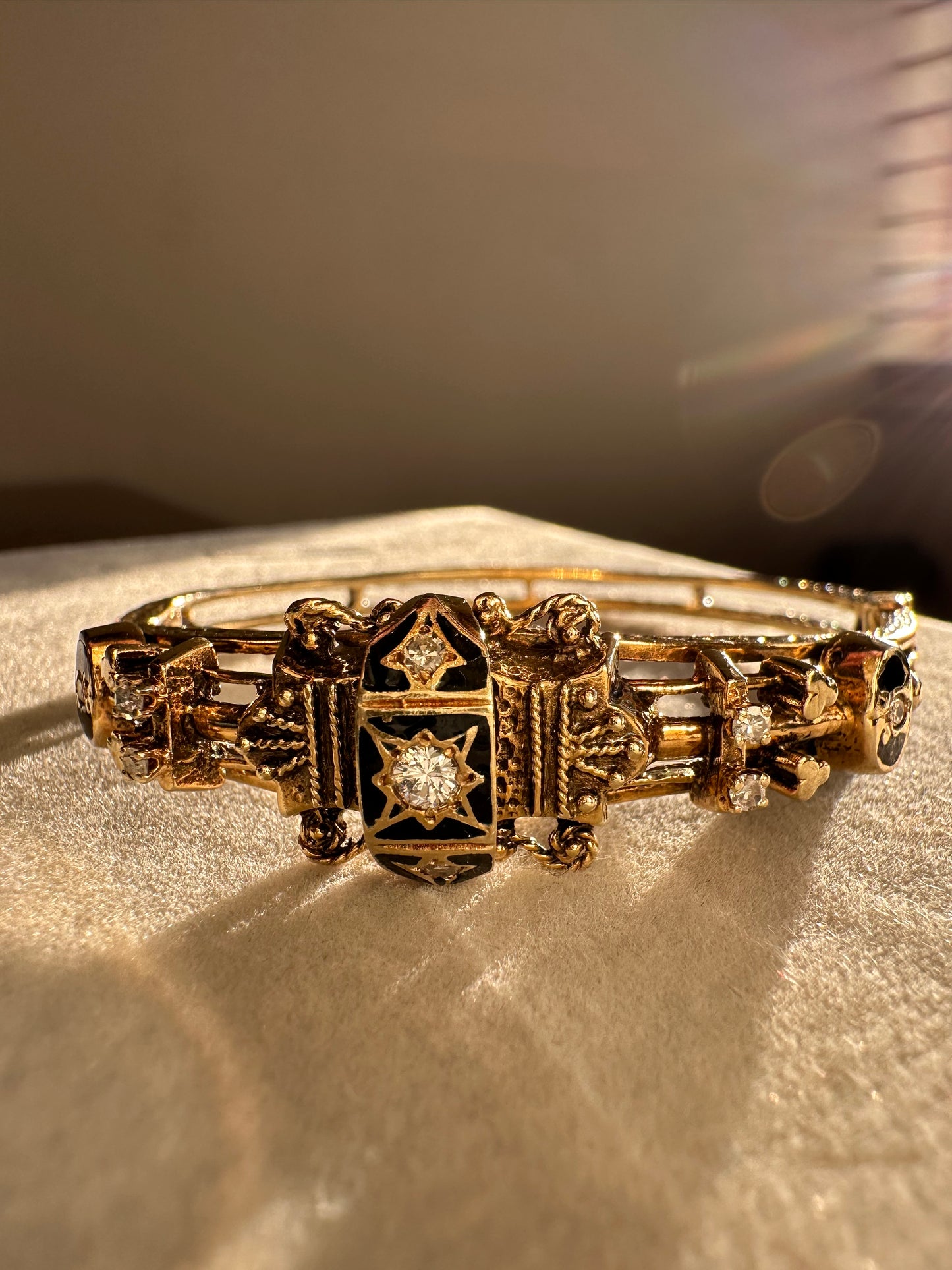 14k Enamel Diamond Victorian Style Bangle Bracelet