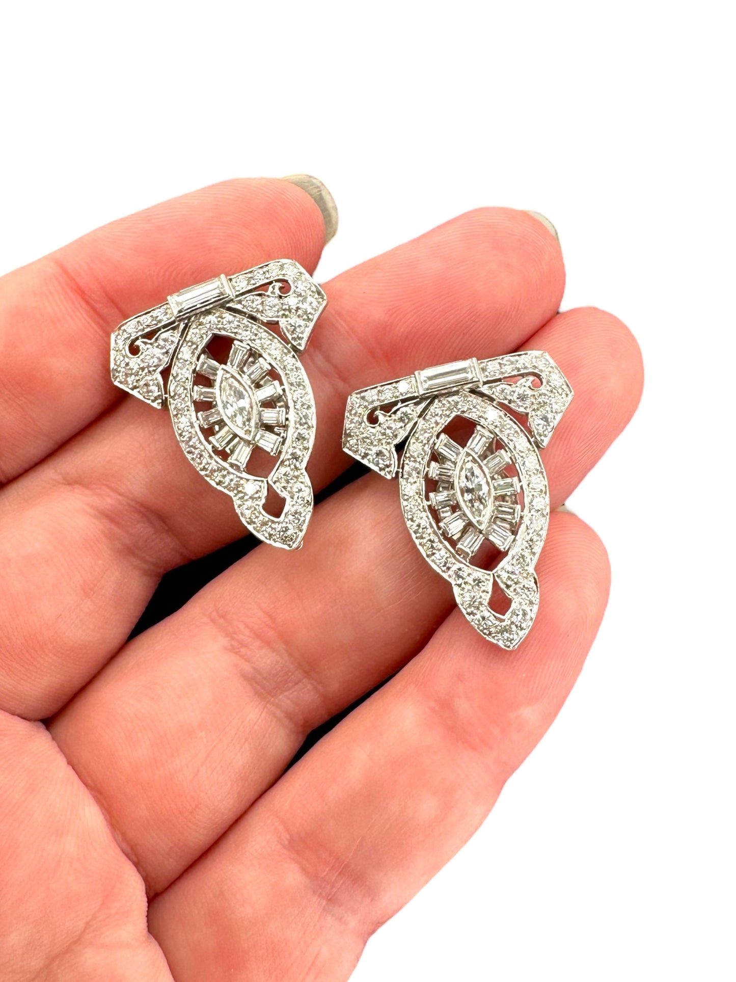 Platinum Diamond Dress Clips/ Duette Brooch