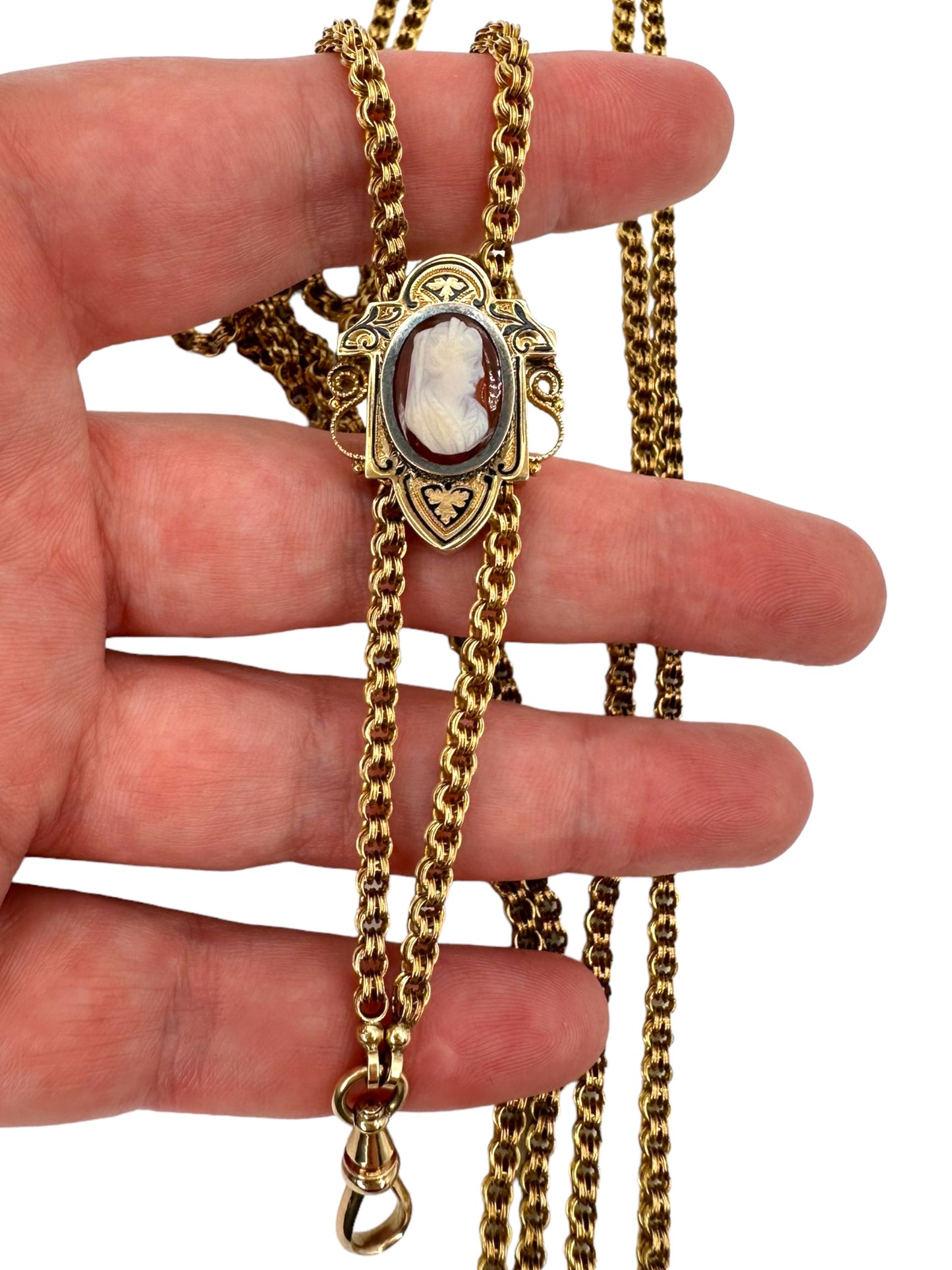 14k Victorian Cameo Slide Long Guard Necklace