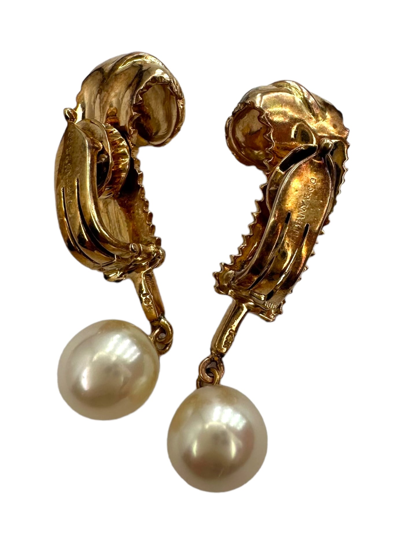 14k Tiffany Pearl Drop Feather Earrings