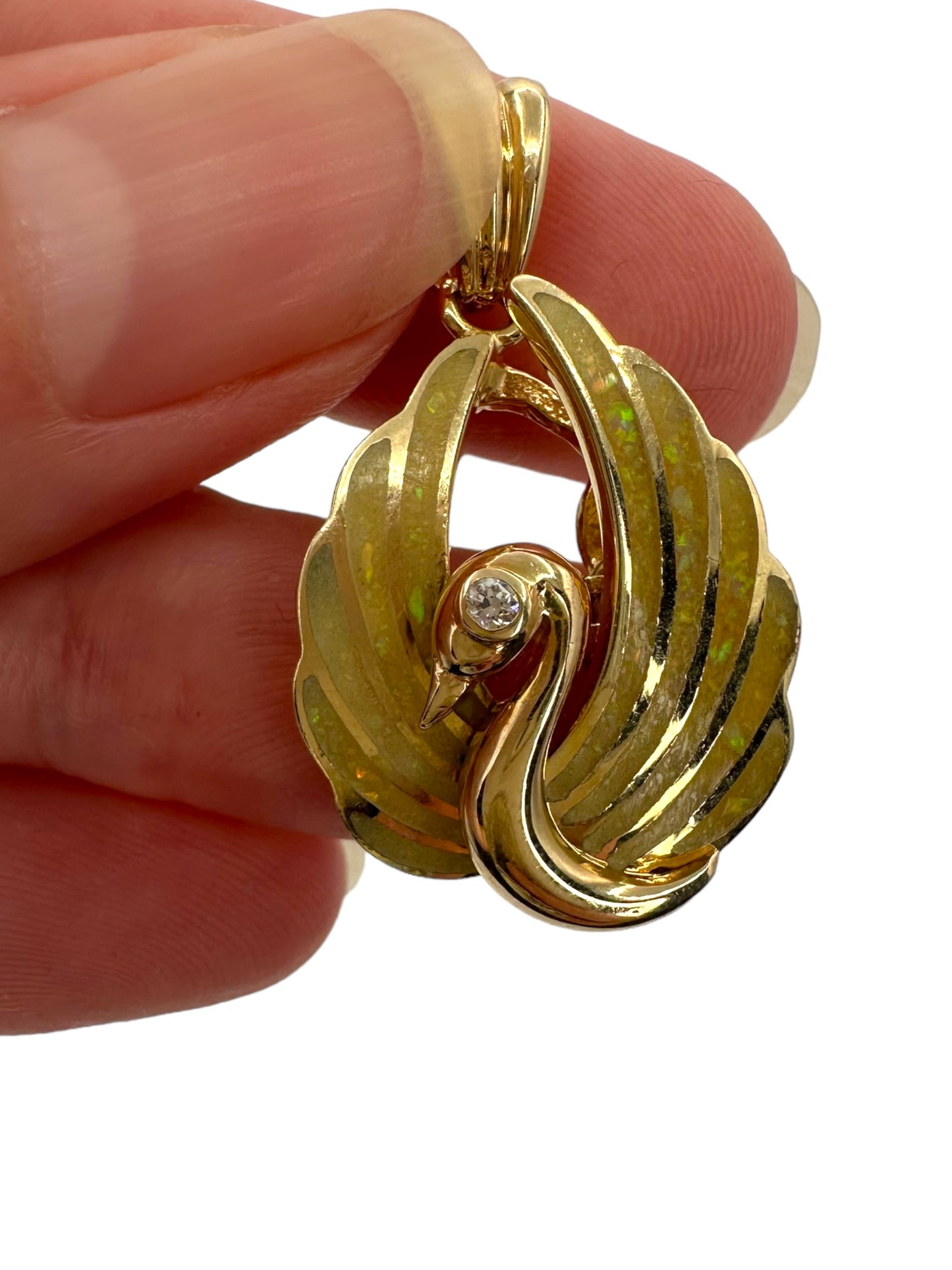 14k Shell Opal Diamond Swan Pendant
