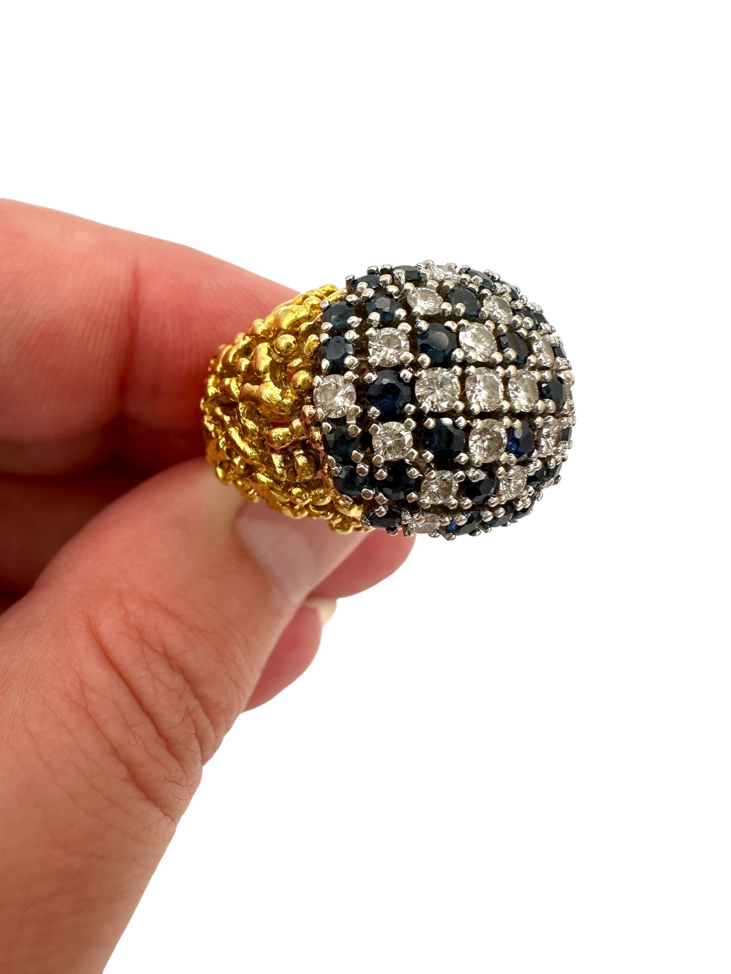 18k Sapphire Diamond Textured Ring