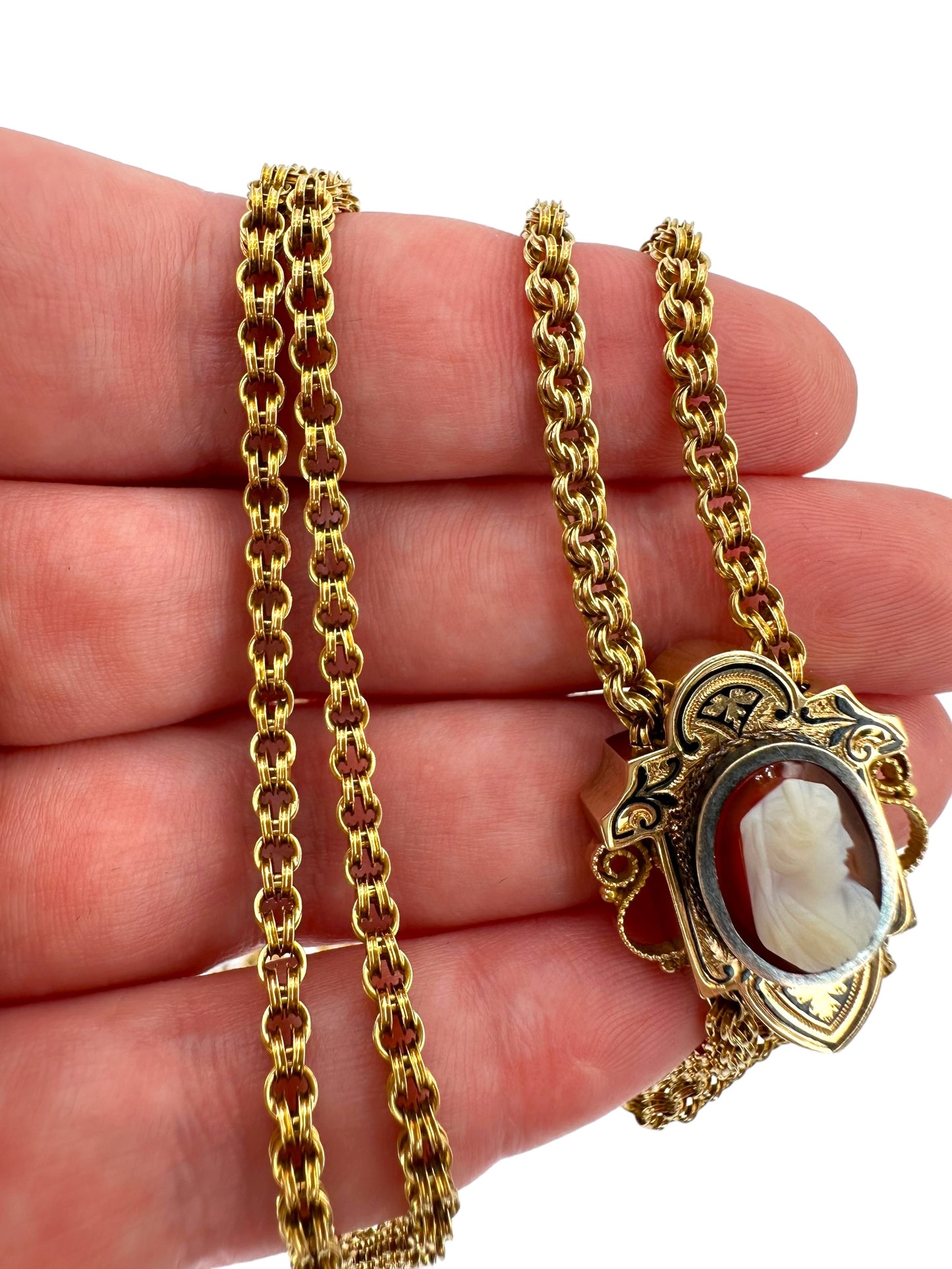 14k Victorian Cameo Slide Long Guard Necklace