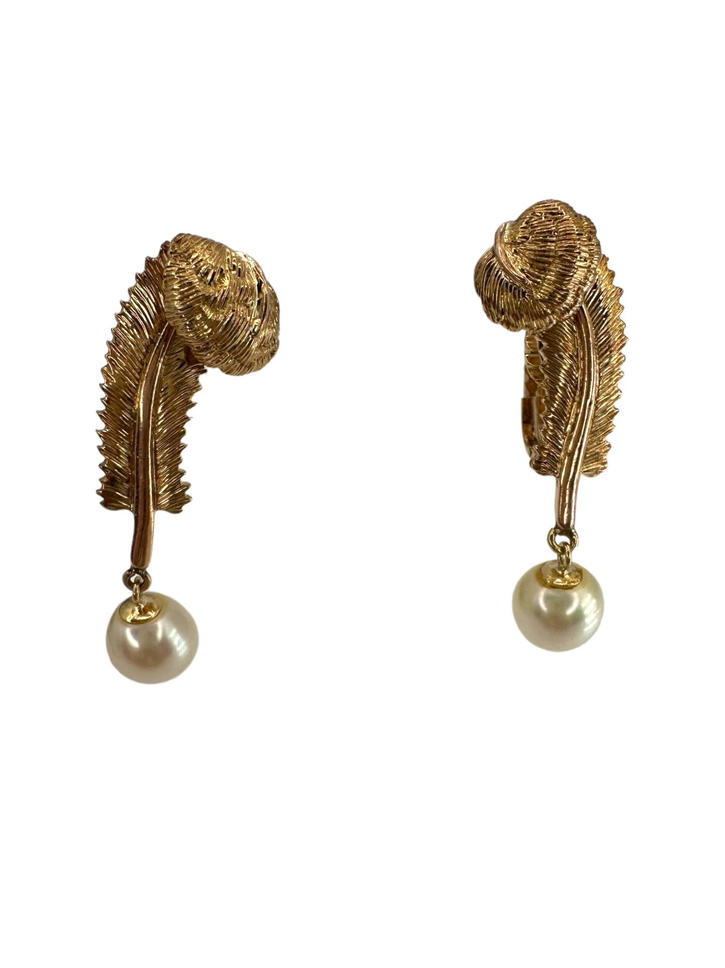 14k Tiffany Pearl Drop Feather Earrings