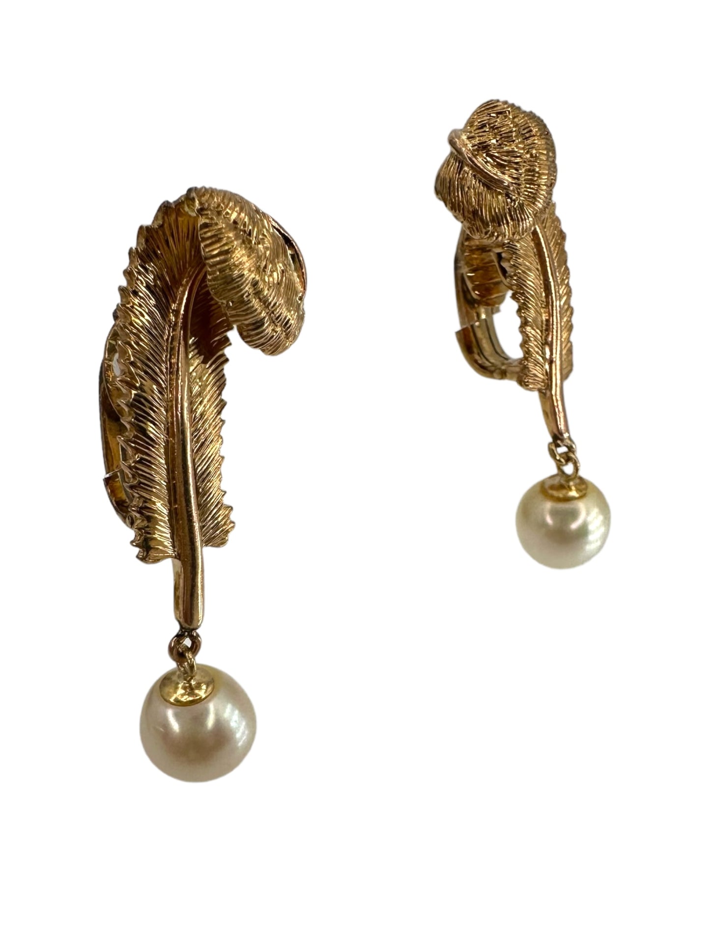 14k Tiffany Pearl Drop Feather Earrings