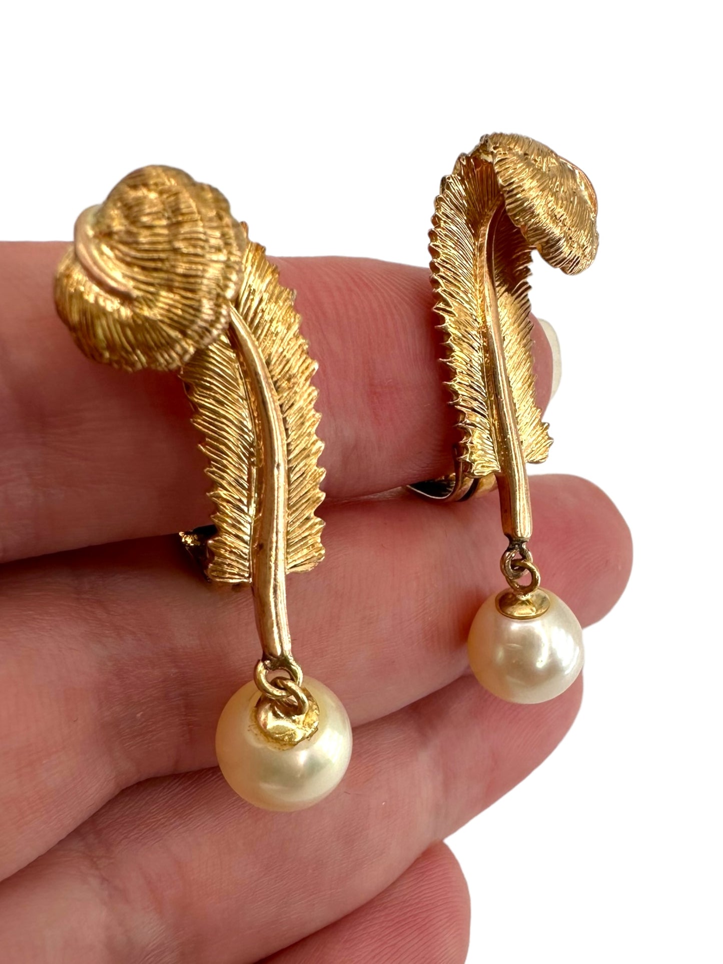 14k Tiffany Pearl Drop Feather Earrings