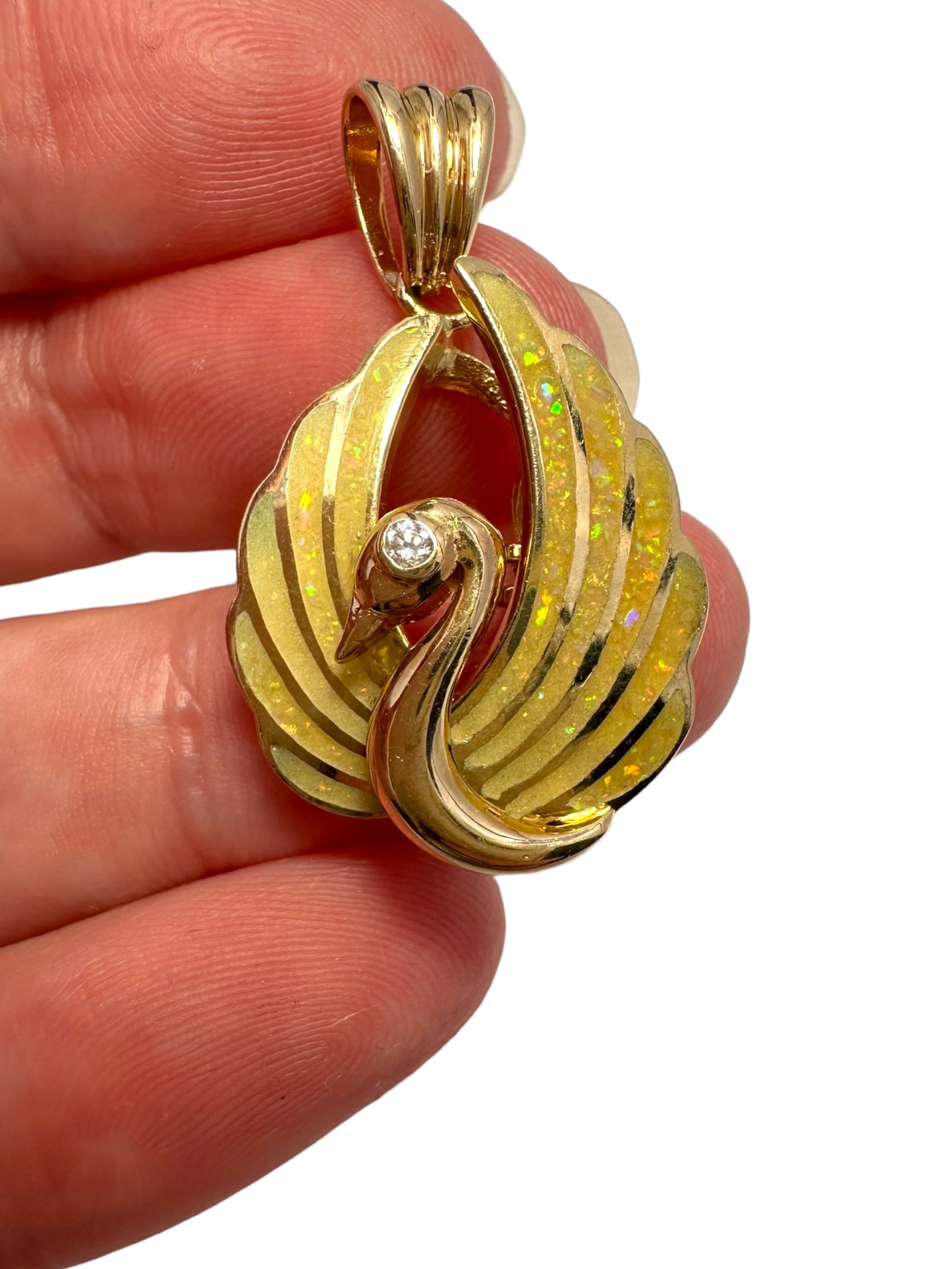 14k Shell Opal Diamond Swan Pendant