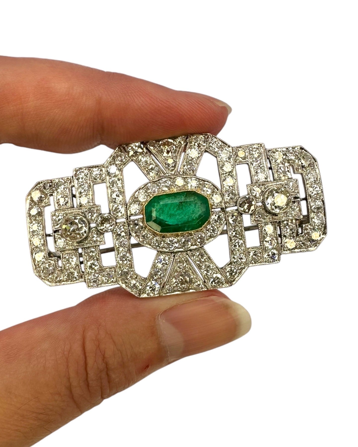 Platinum Art Deco Diamond Emerald Brooch