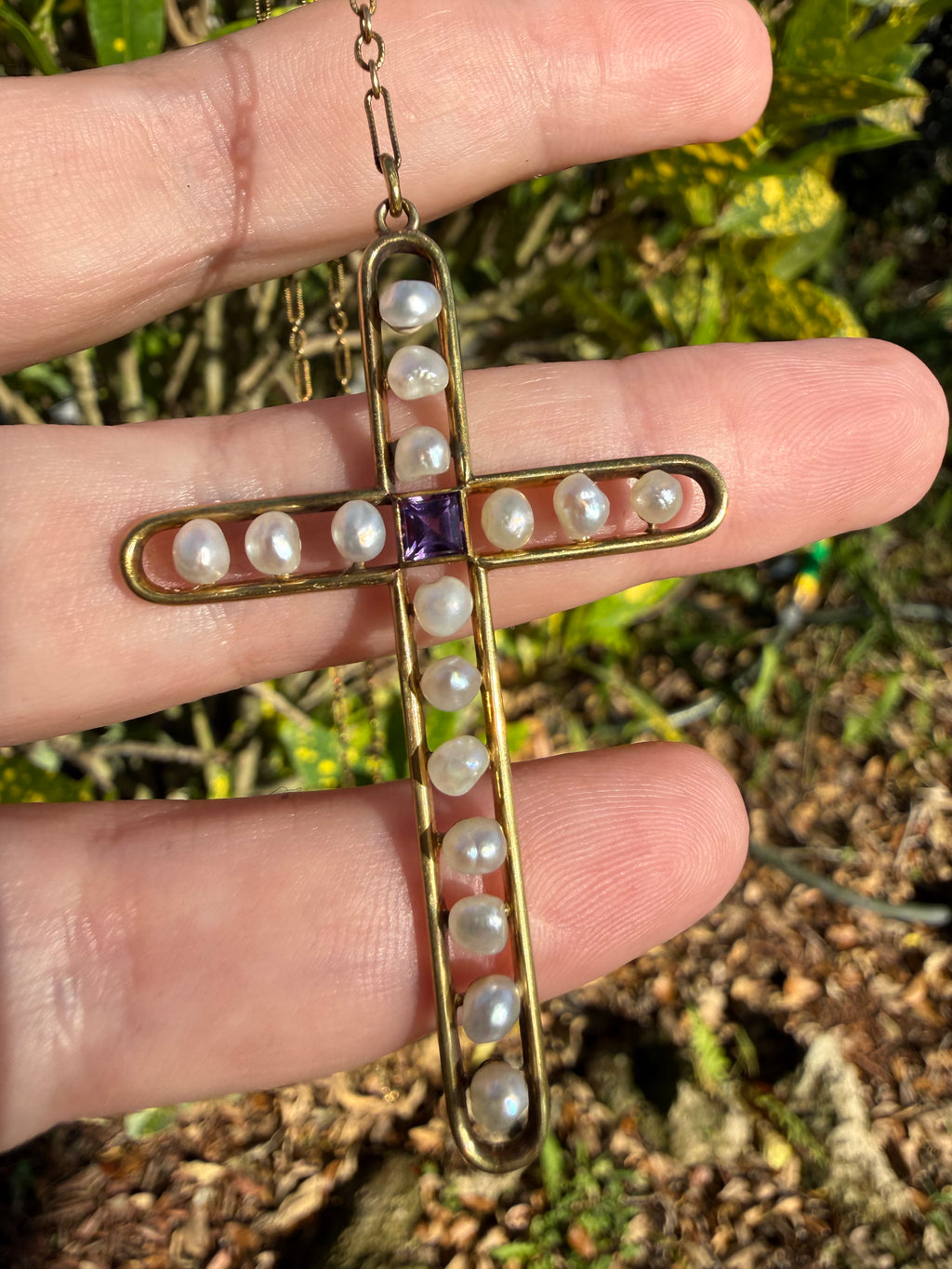 14k Art Deco Pearl Amethyst Cross Necklace