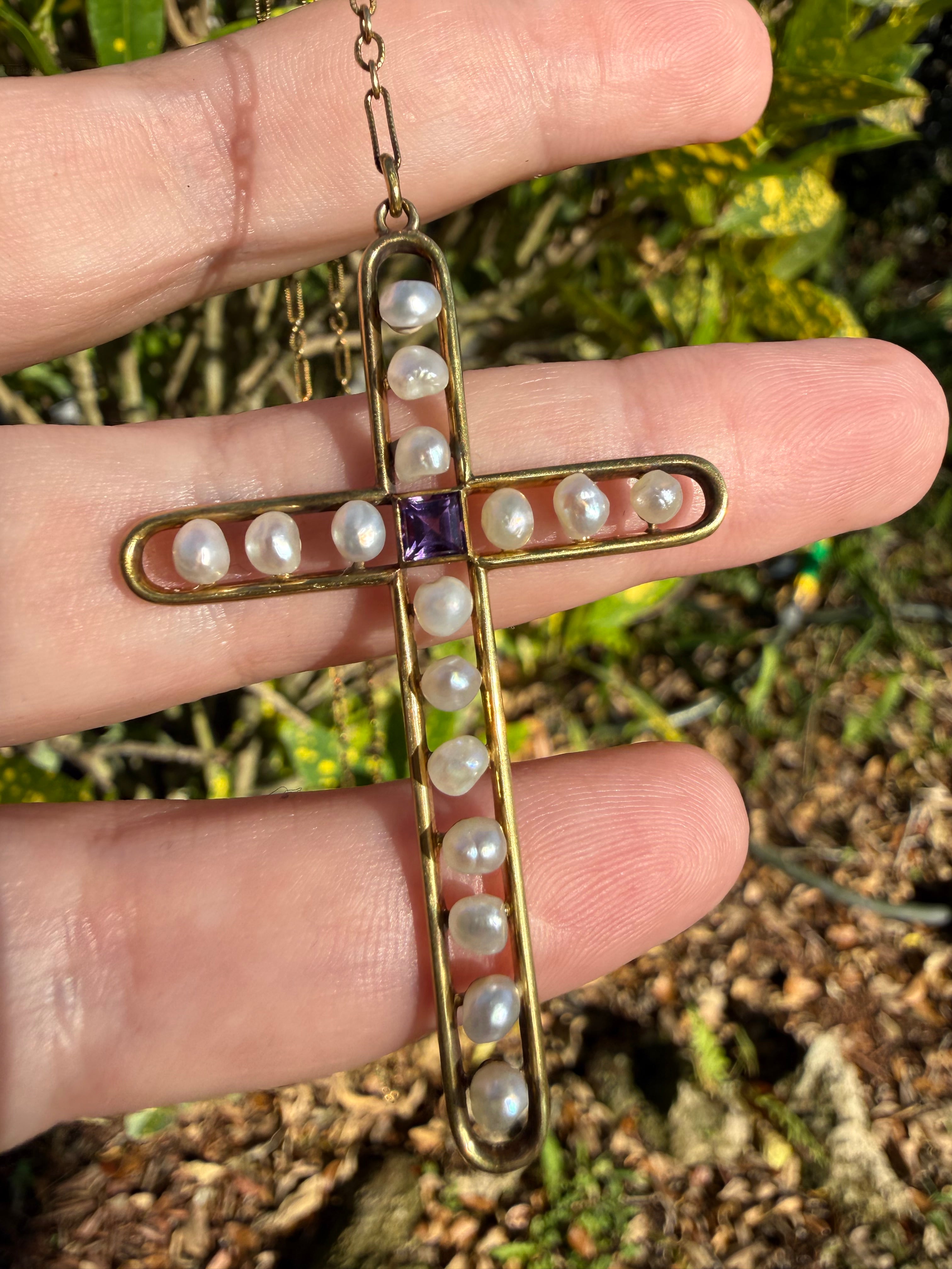 14k Art Deco Pearl Amethyst Cross Necklace