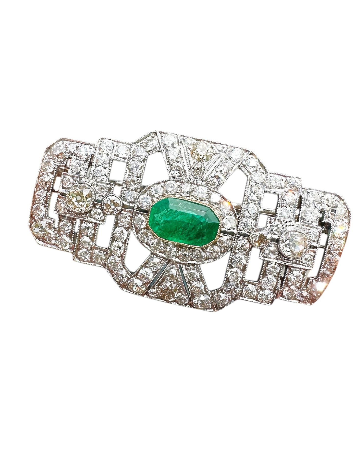 Platinum Art Deco Diamond Emerald Brooch