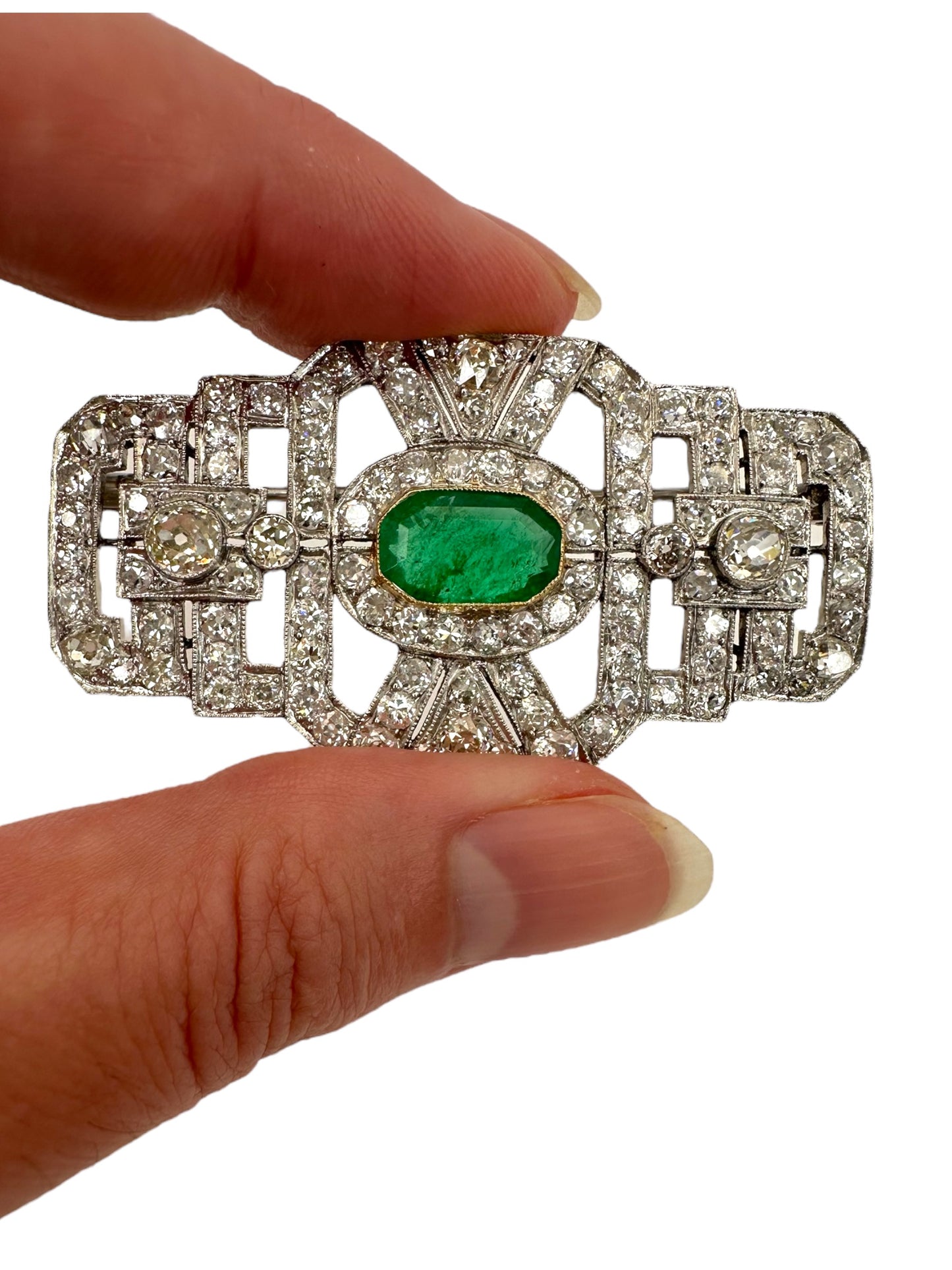 Platinum Art Deco Diamond Emerald Brooch