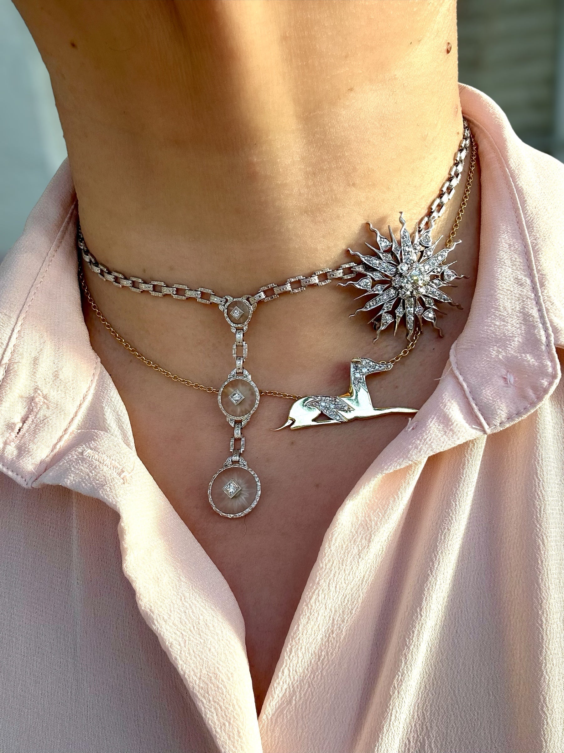 14k Art Deco Star Diamond Lavaliere Necklace
