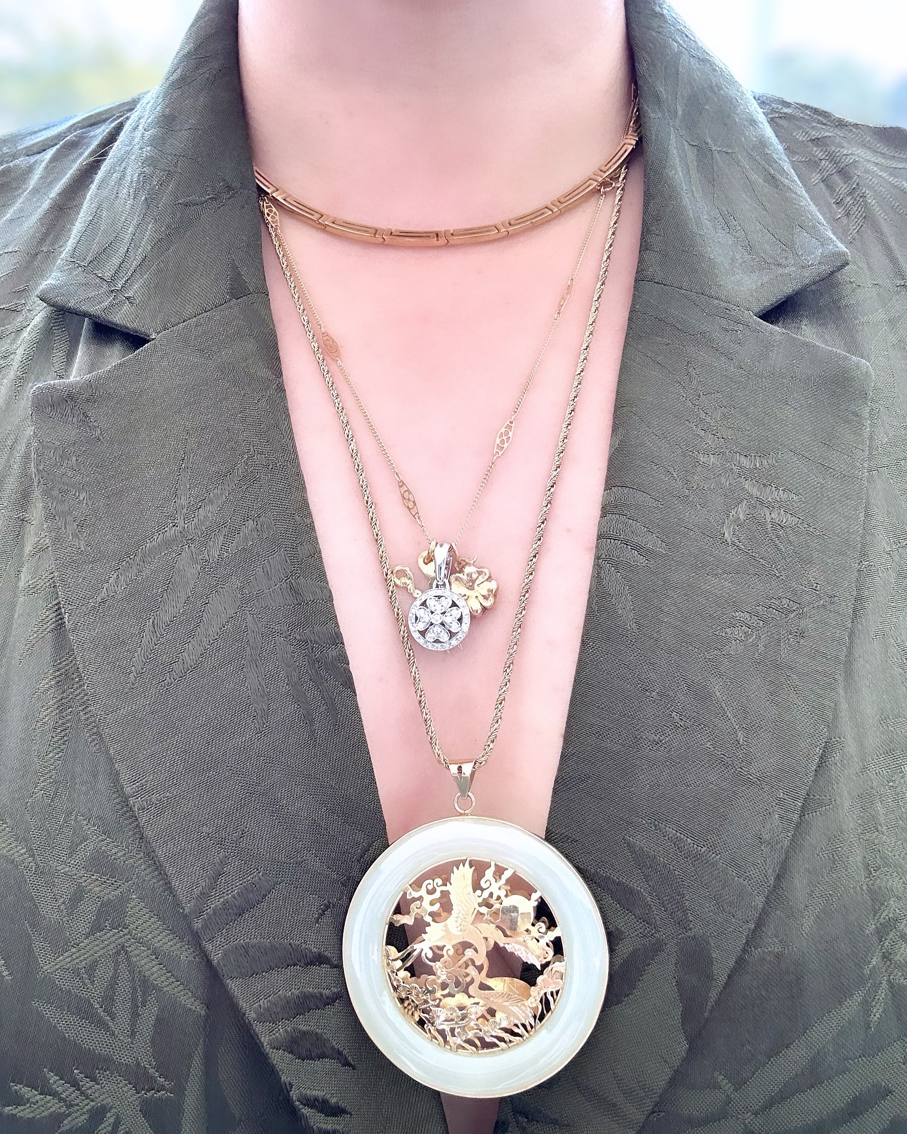 14k Large Jade Crane Pendant