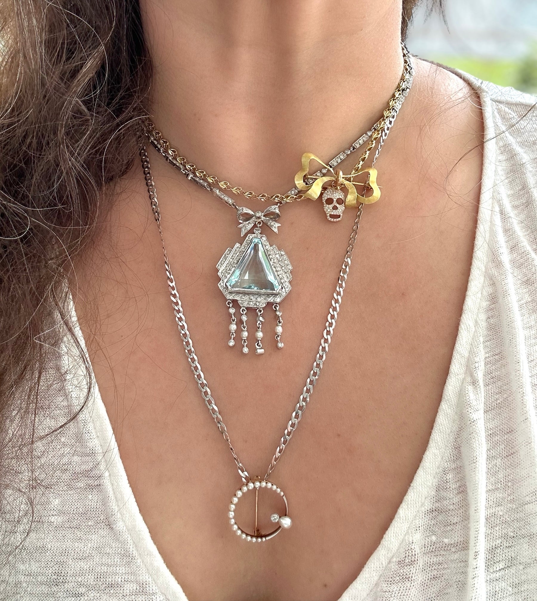 Platinum Diamond Aquamarine Pearl Dinner Necklace