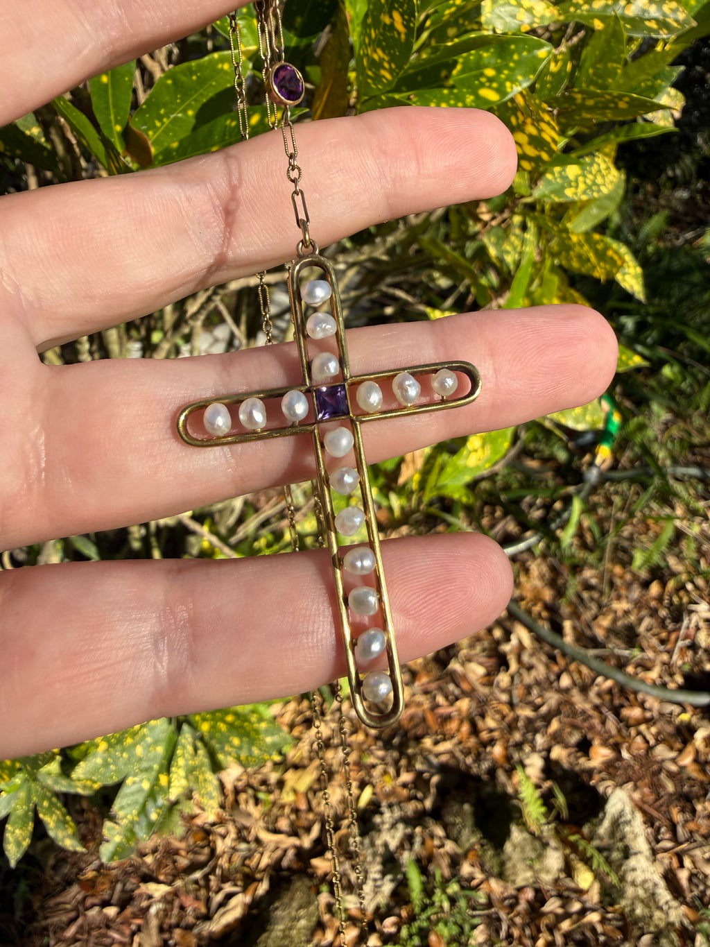 14k Art Deco Pearl Amethyst Cross Necklace