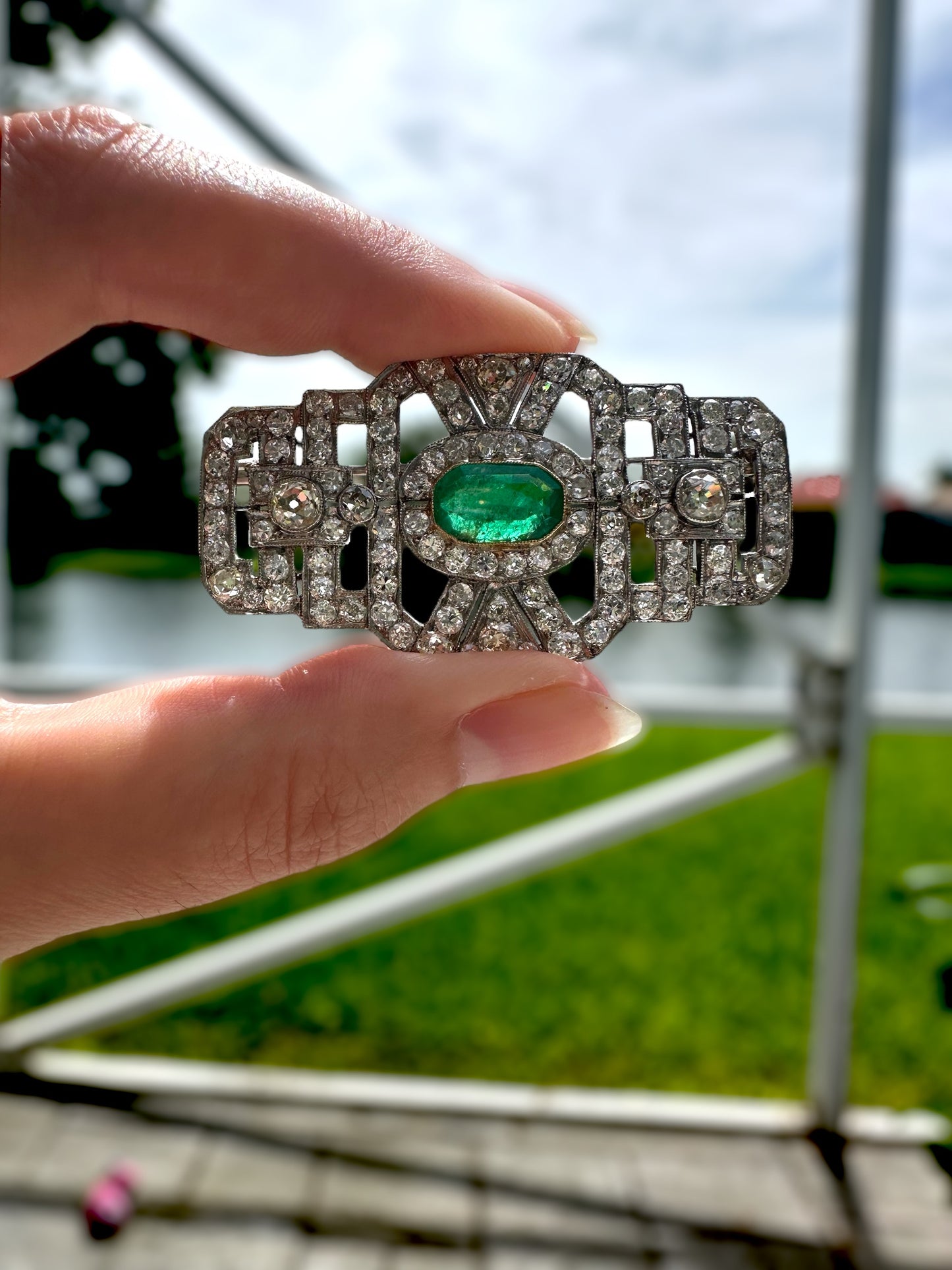 Platinum Art Deco Diamond Emerald Brooch