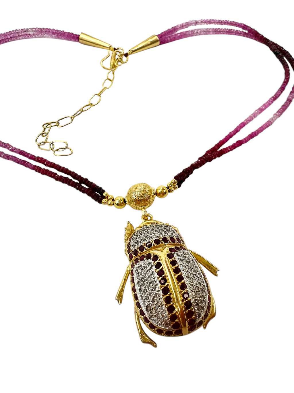 18k Ruby Pink Sapphire Diamond Scarab Necklace