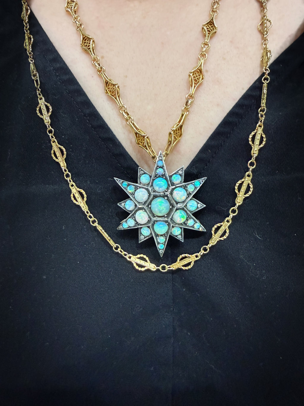 Victorian Silver Topped 14k Opal Star Brooch/Pendant