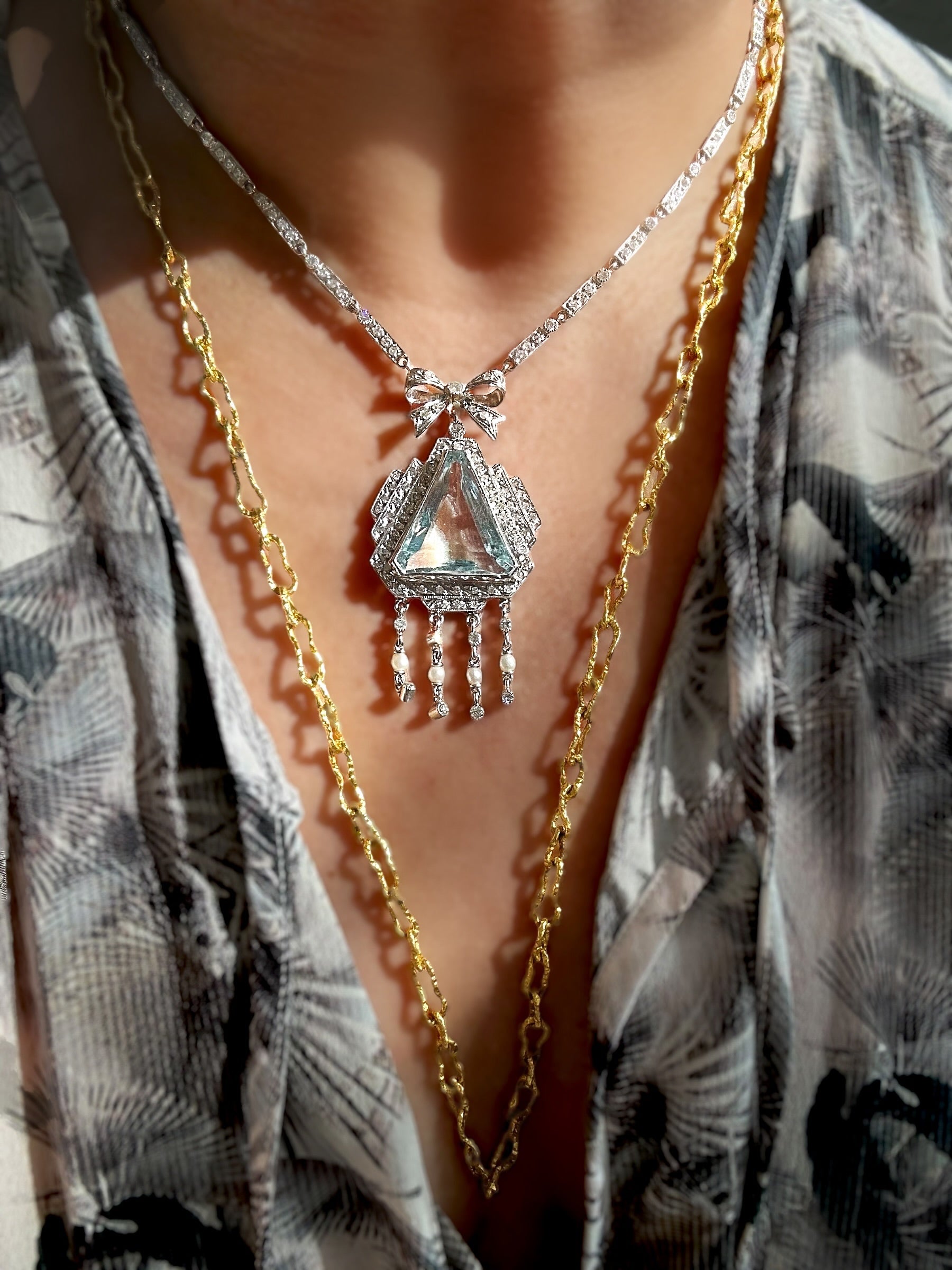 Platinum Diamond Aquamarine Pearl Dinner Necklace