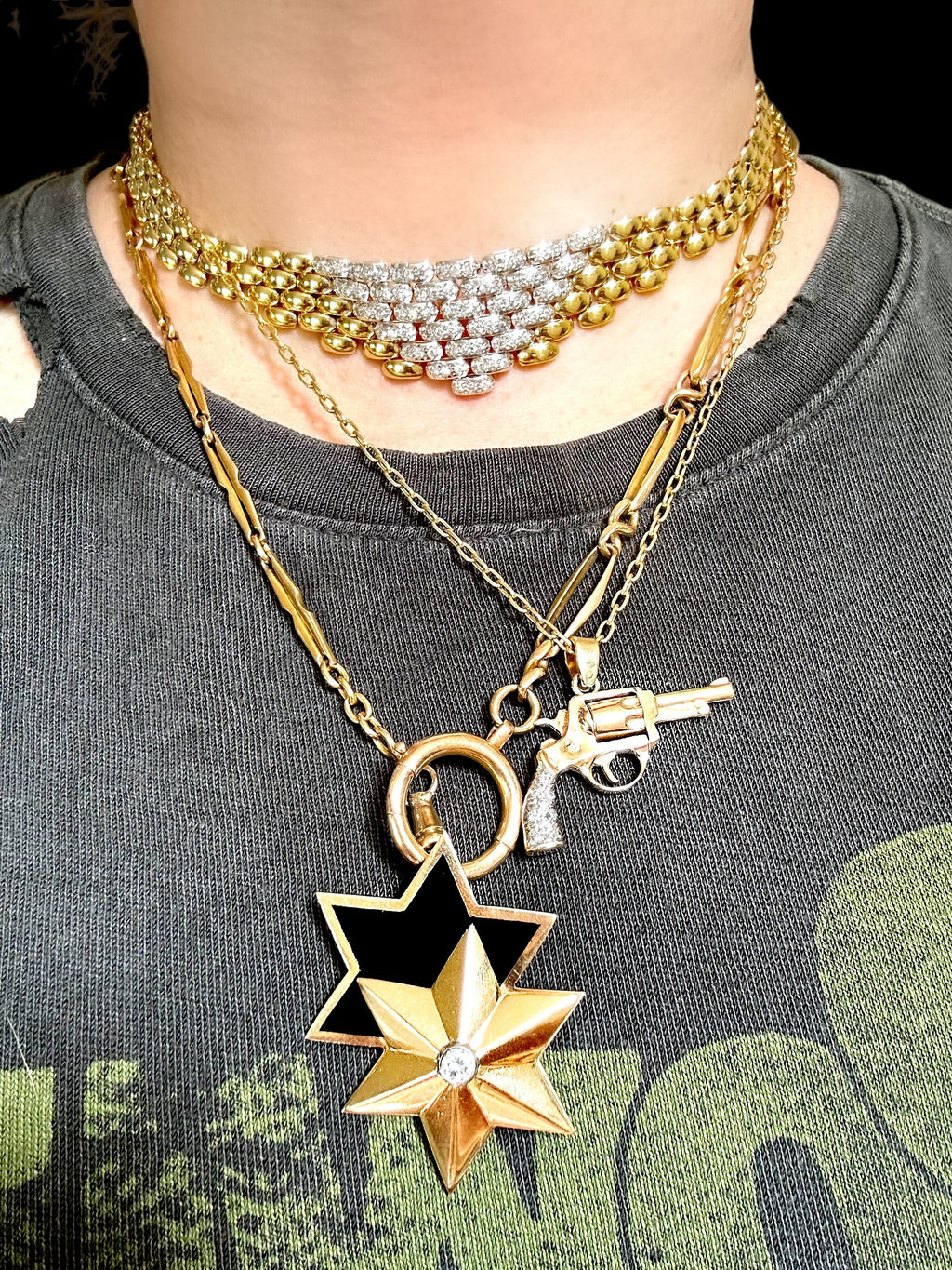 14k Enamel Double Star Diamond Brooch/ Pendant