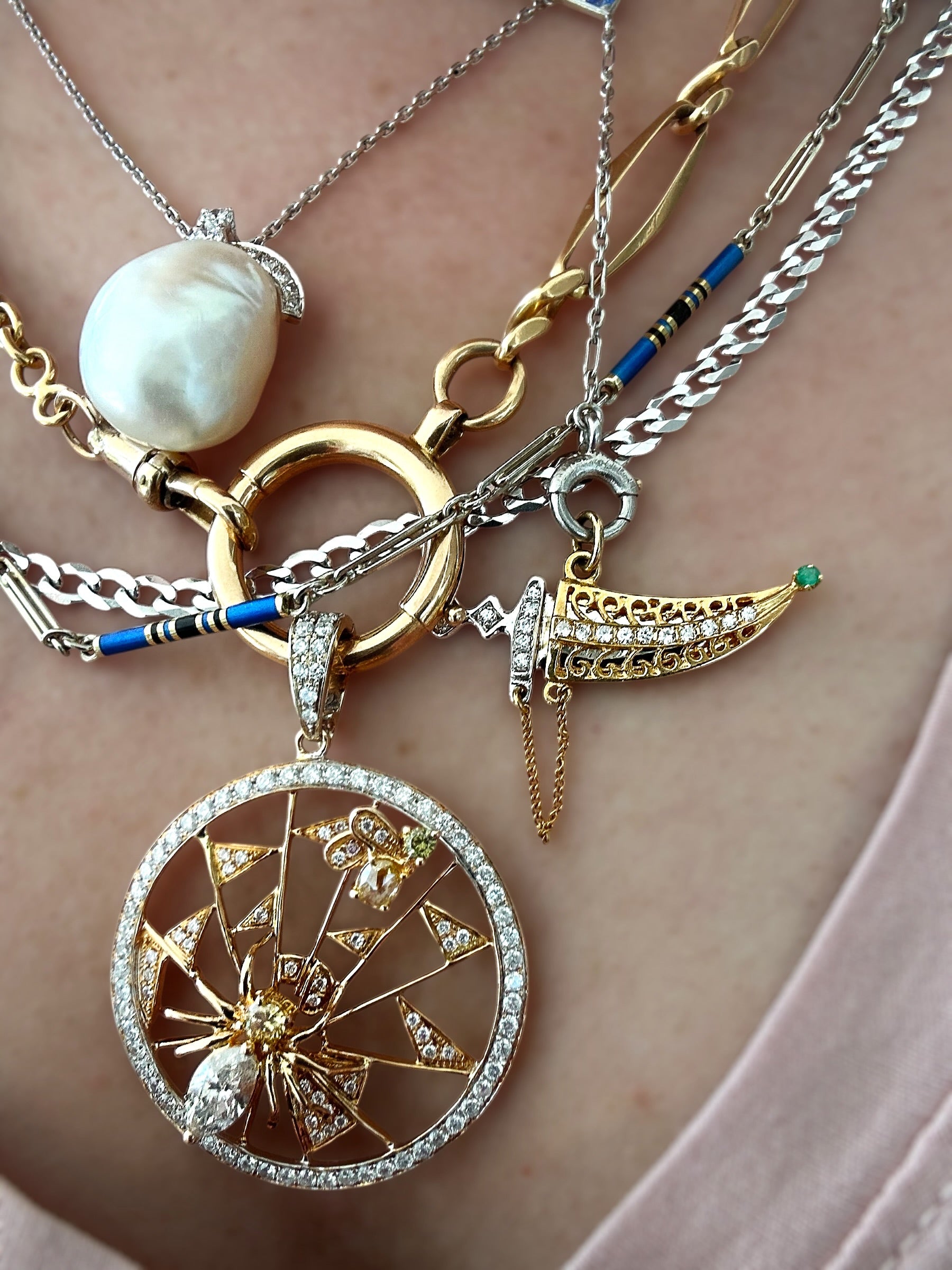 Platinum Diamond Pearl Pendant Necklace