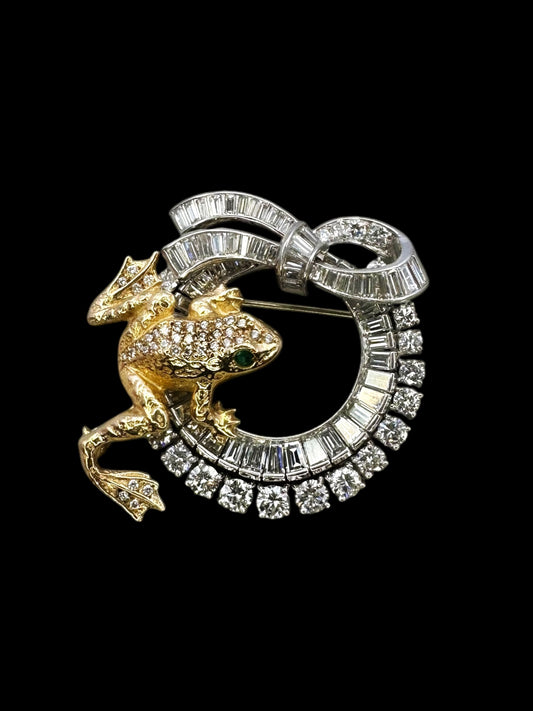 14k Frog Diamond Emerald Brooch