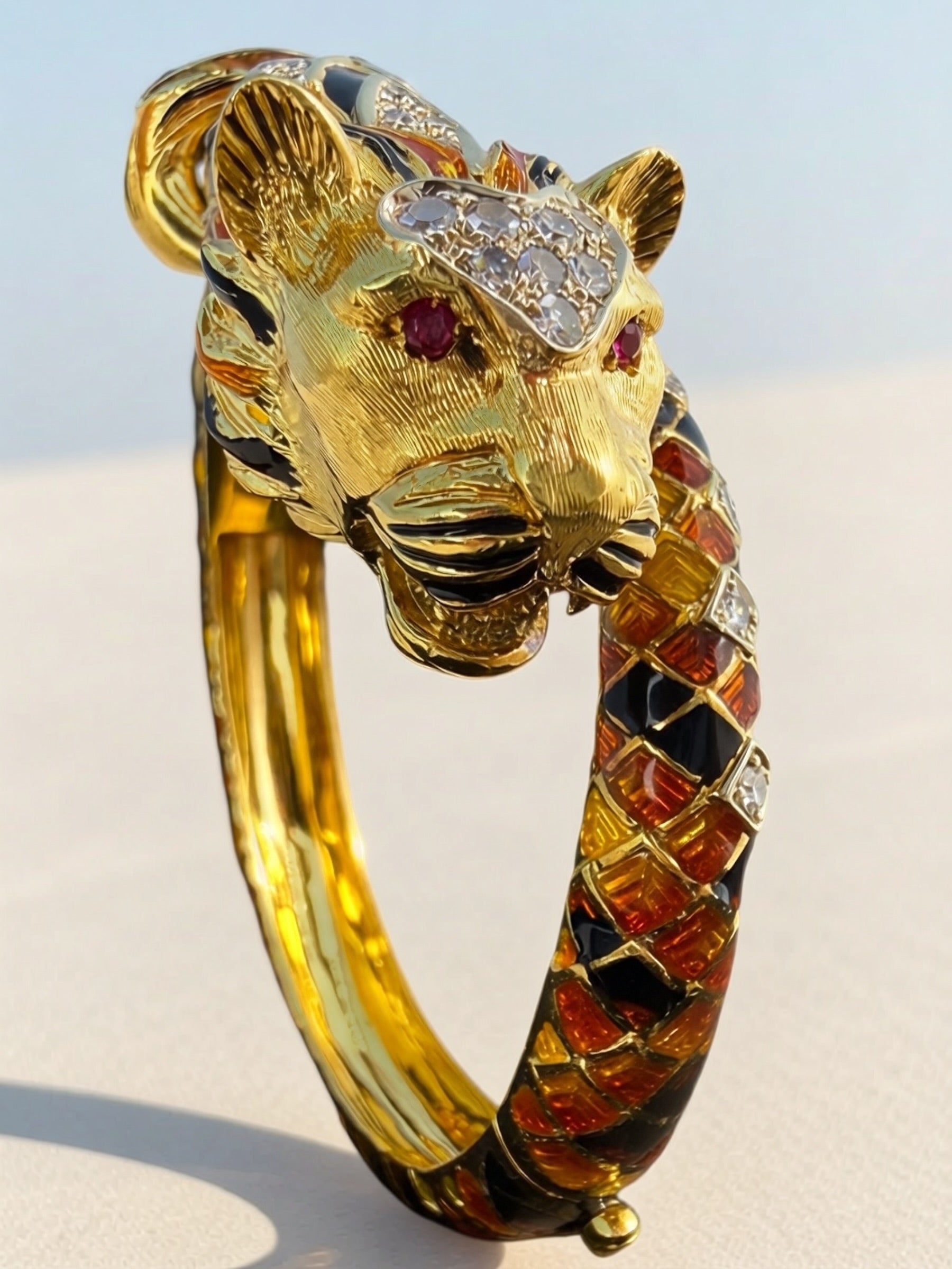 18k Enamel Diamond Tiger Bangle