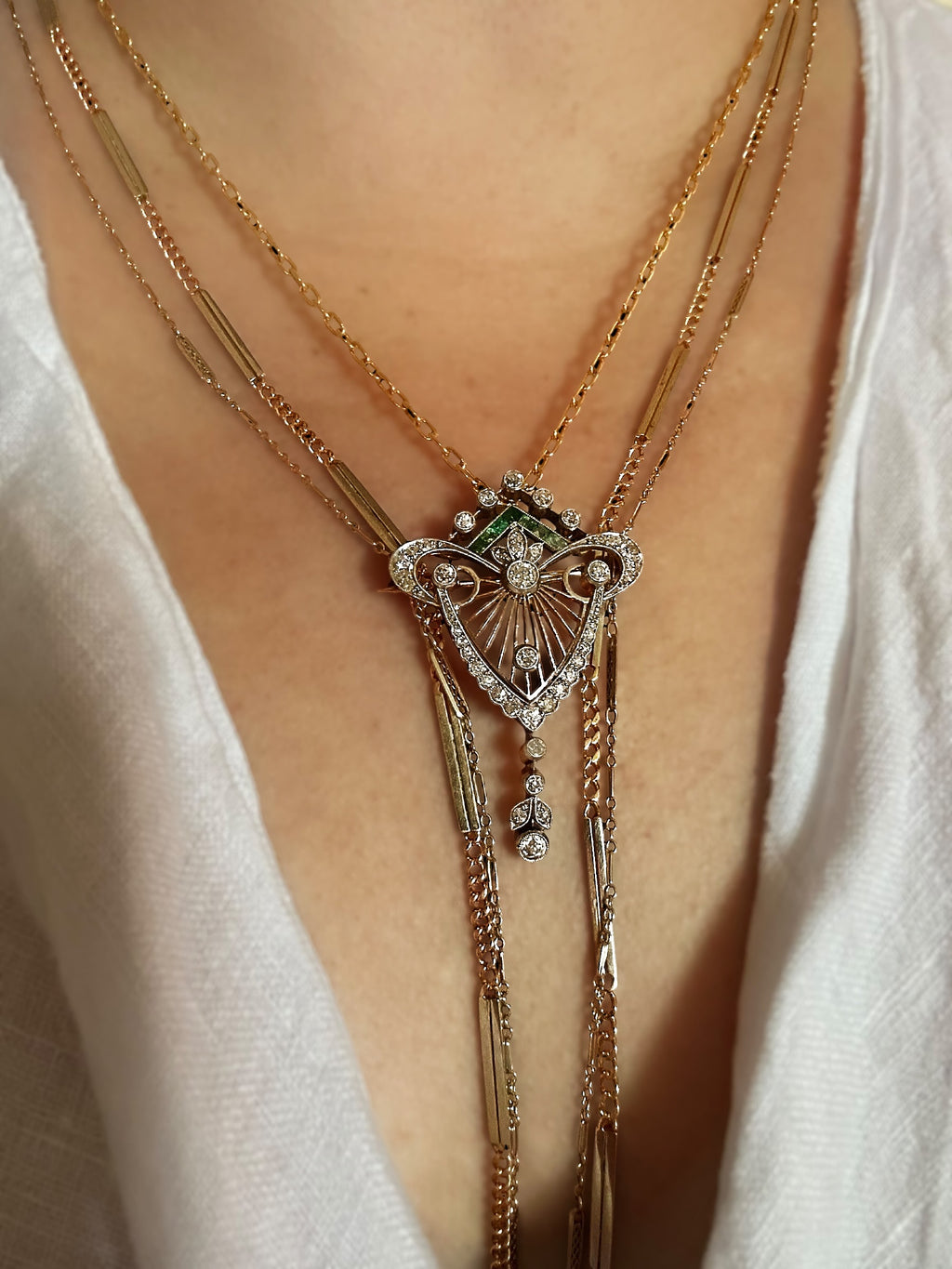 14k Palladium Edwardian Diamond Emerald Brooch