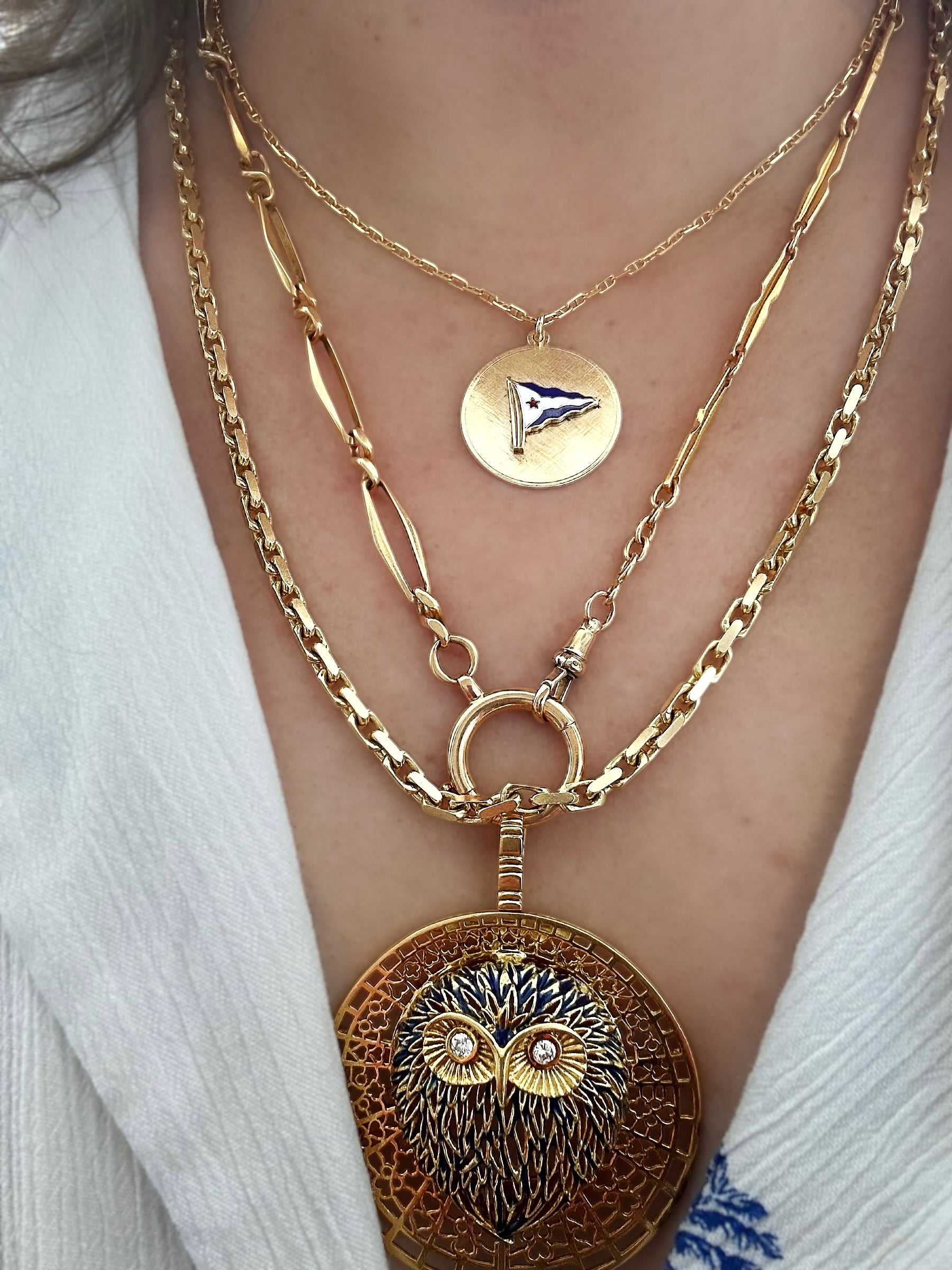 18k Peter Lindeman Enamel Diamond Owl Pendant