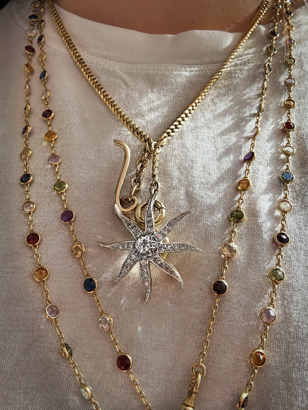 18k Art Deco Multi-Colored Gemstone Station Necklace