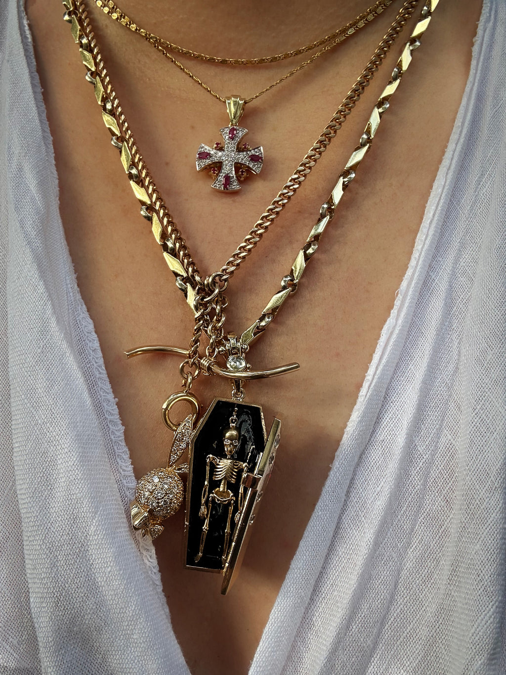 14k White Enamel Coffin and Skeleton