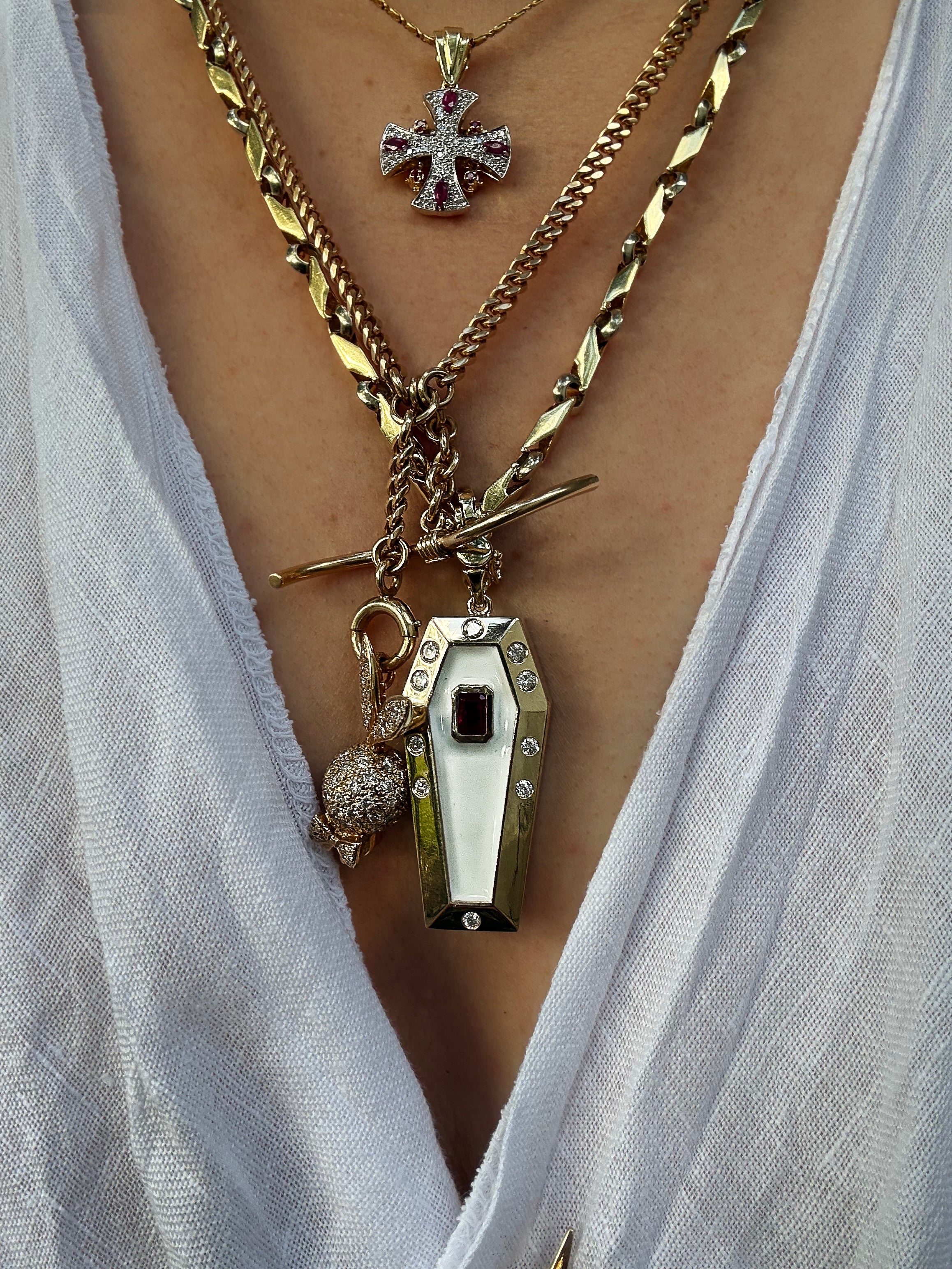 14k White Enamel Coffin and Skeleton