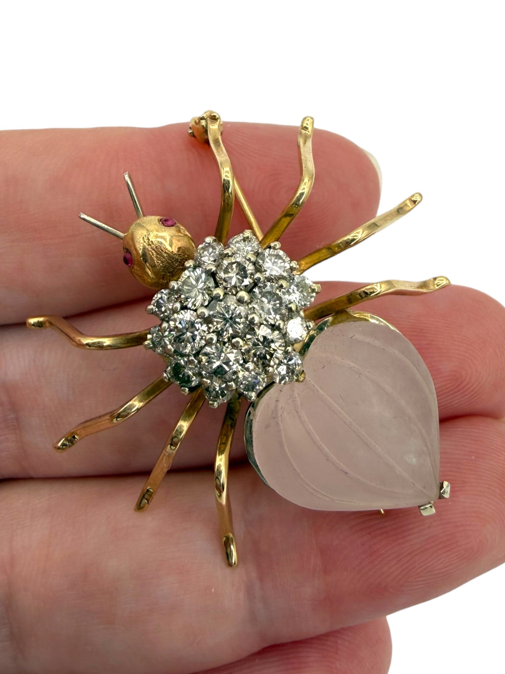 14k Diamond Rose Quartz Spider Brooch