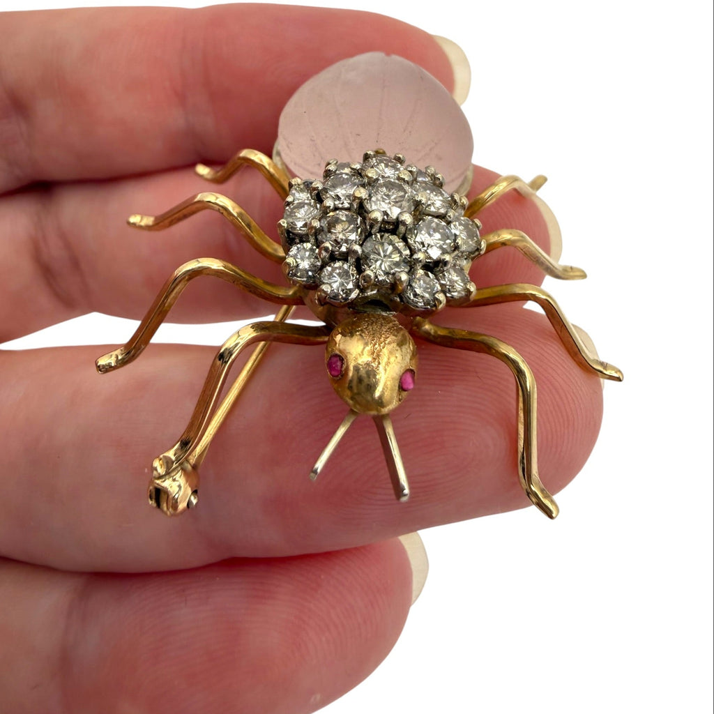 14k Diamond Rose Quartz Spider Brooch
