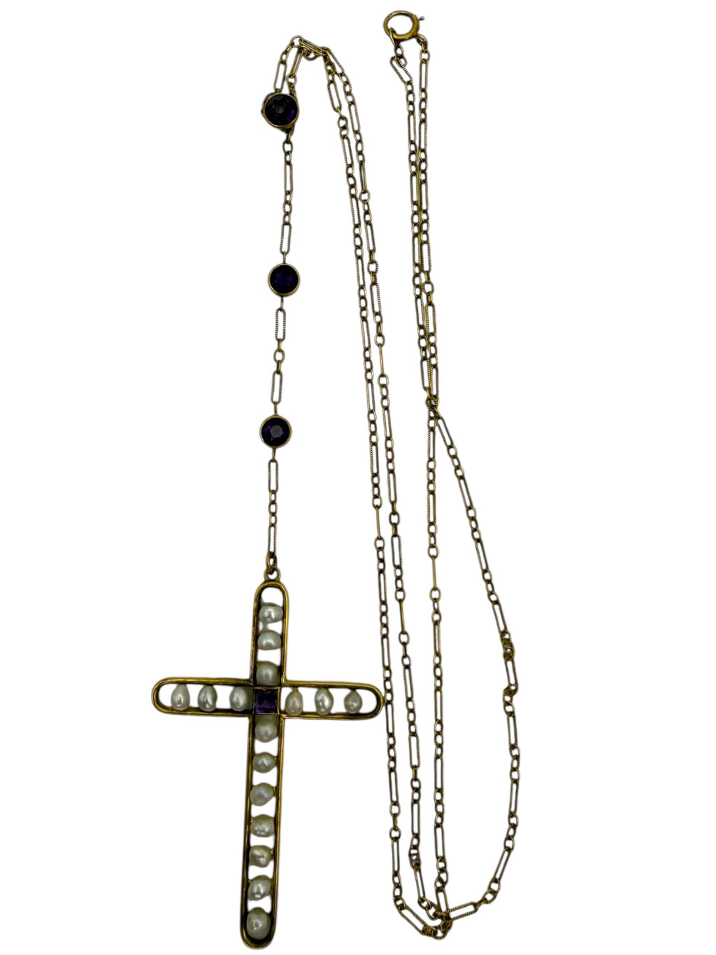 14k Art Deco Pearl Amethyst Cross Necklace