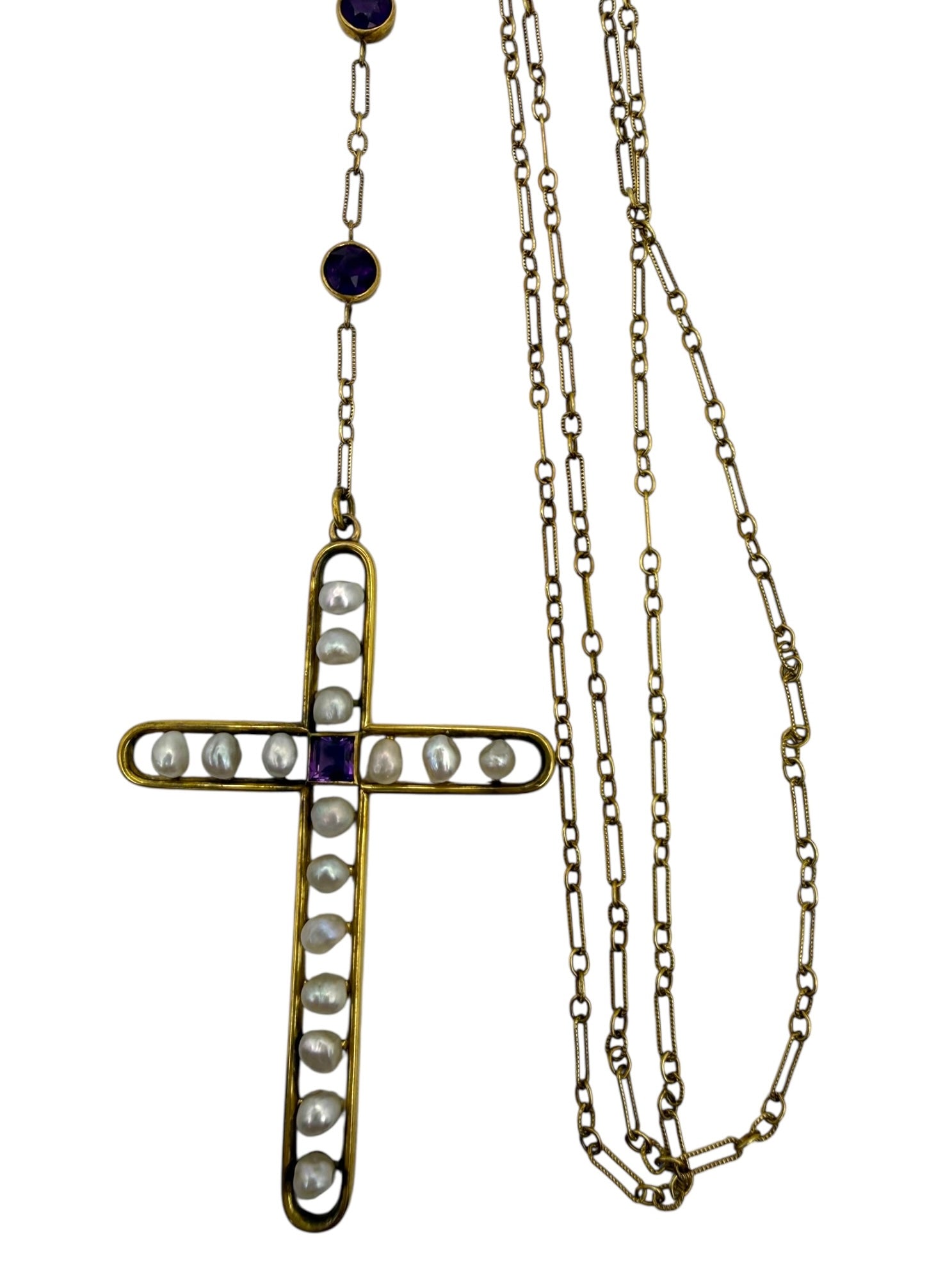 14k Art Deco Pearl Amethyst Cross Necklace