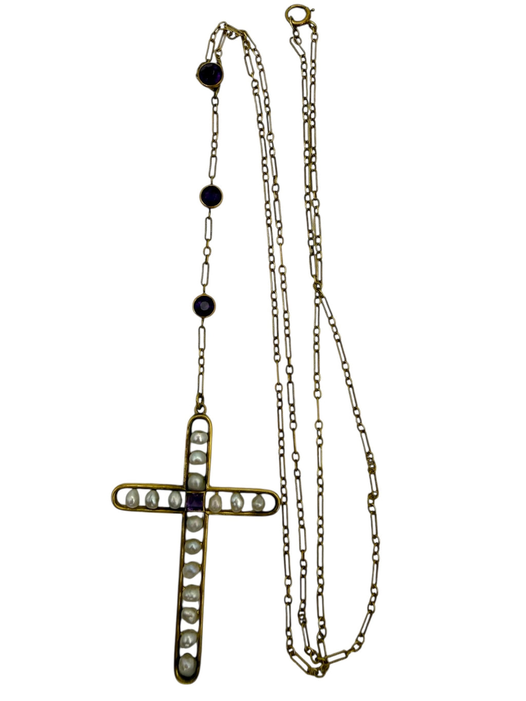 14k Art Deco Pearl Amethyst Cross Necklace
