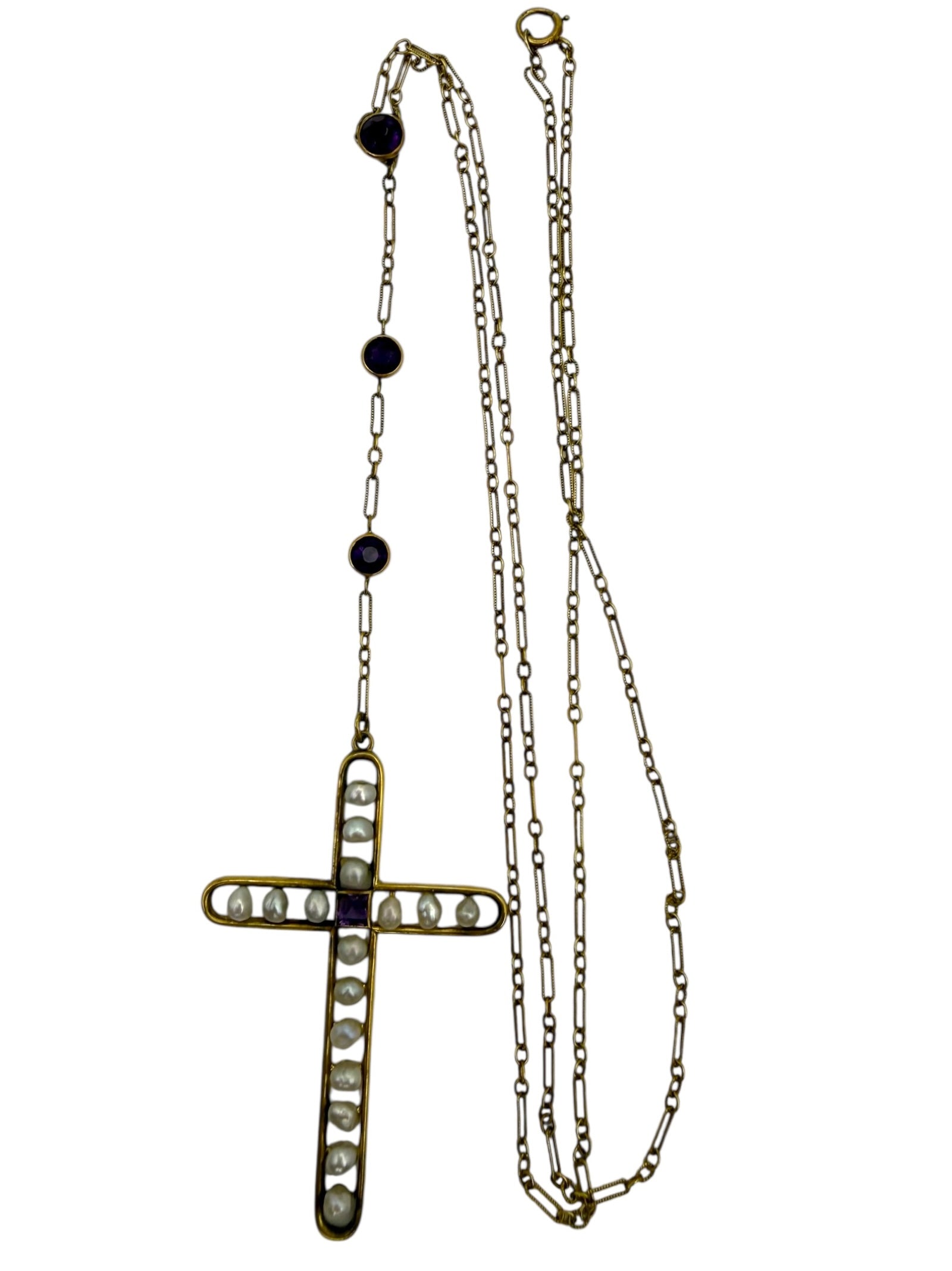14k Art Deco Pearl Amethyst Cross Necklace