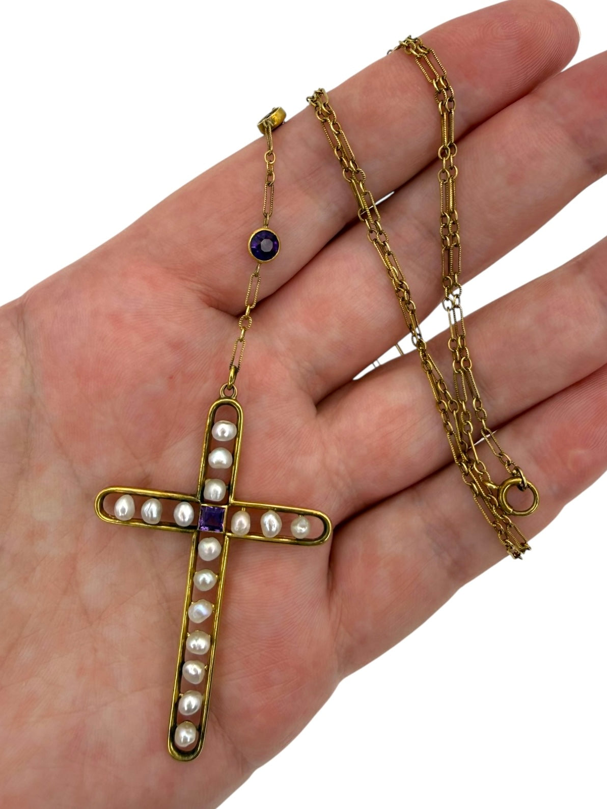 14k Art Deco Pearl Amethyst Cross Necklace