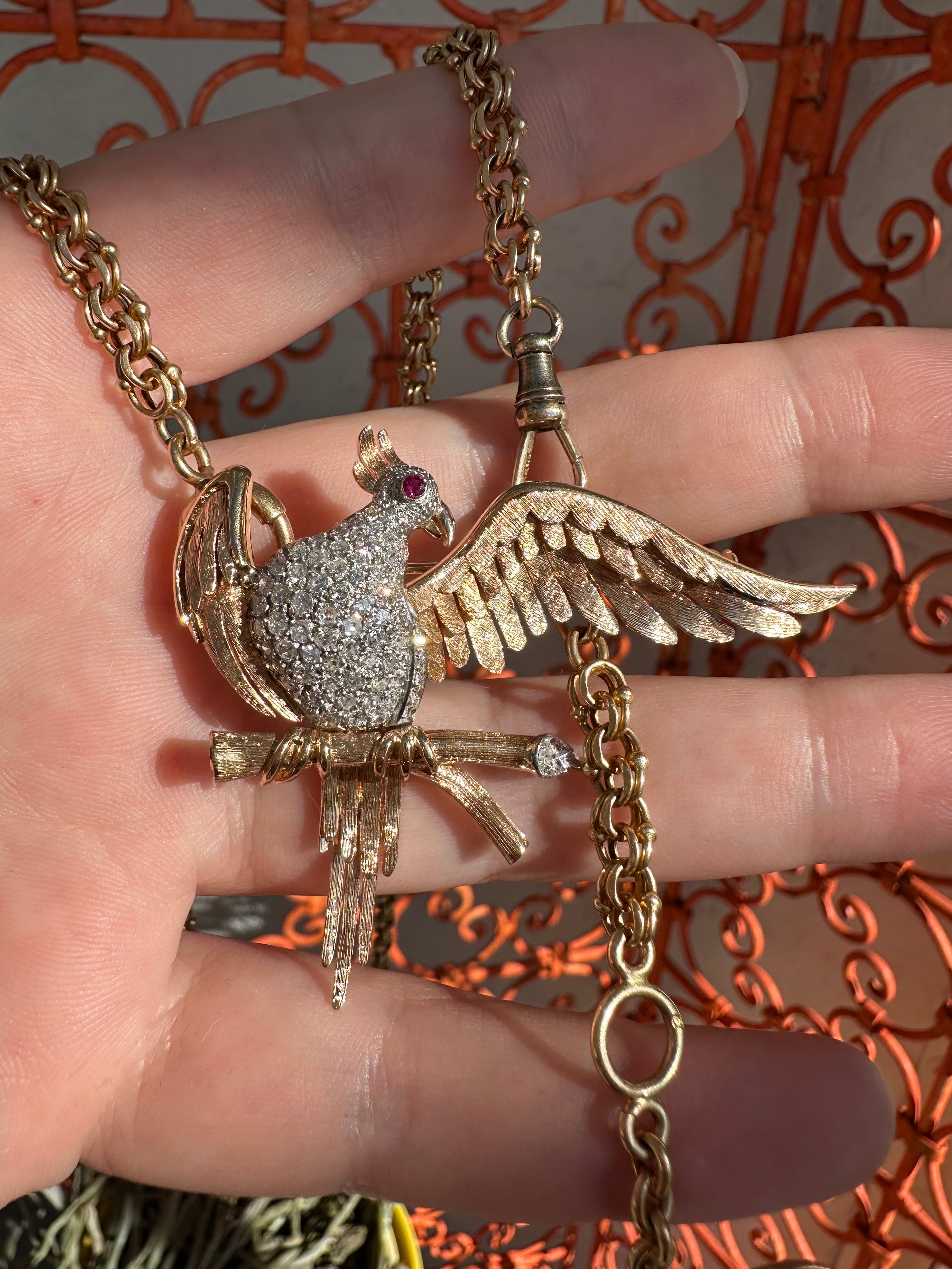 18k Retro Cockatiel Bird on Branch Brooch