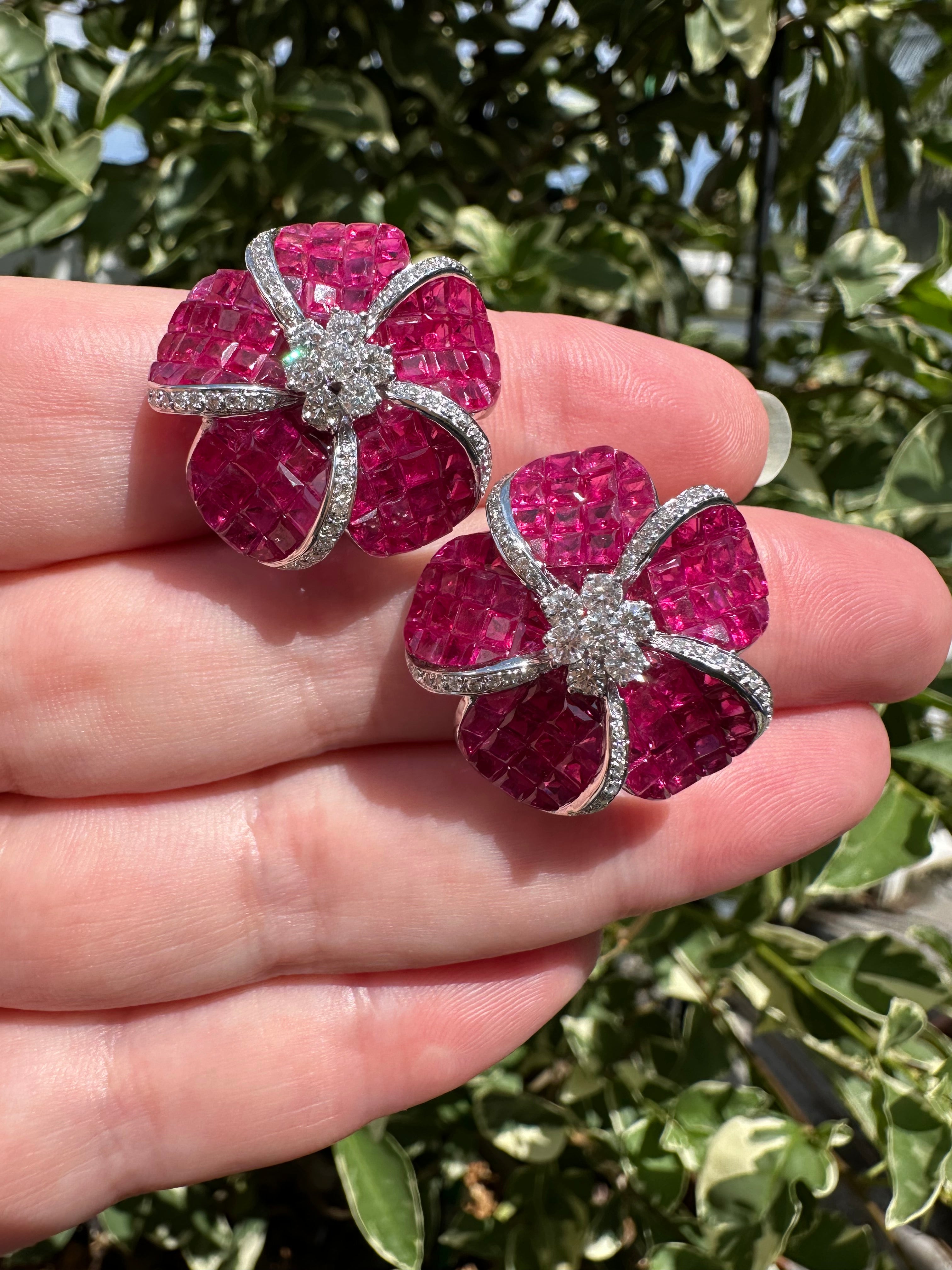 14k Ruby Diamond Flower Earrings
