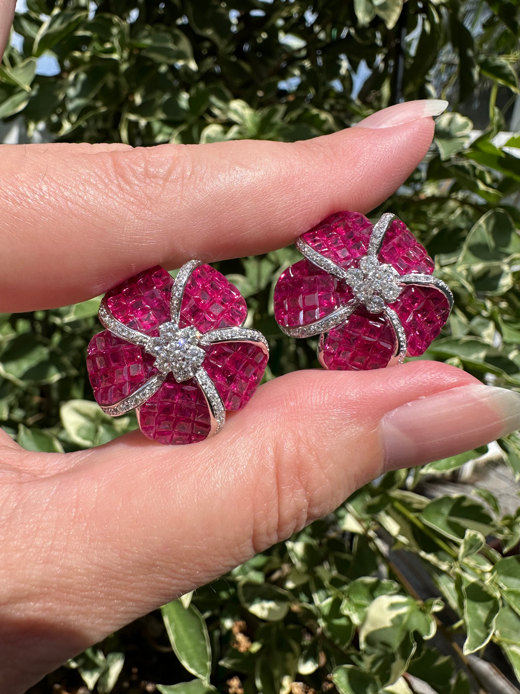 14k Ruby Diamond Flower Earrings