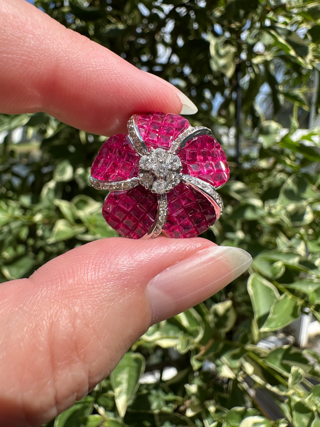 14k Ruby Diamond Flower Pin/ Pendant