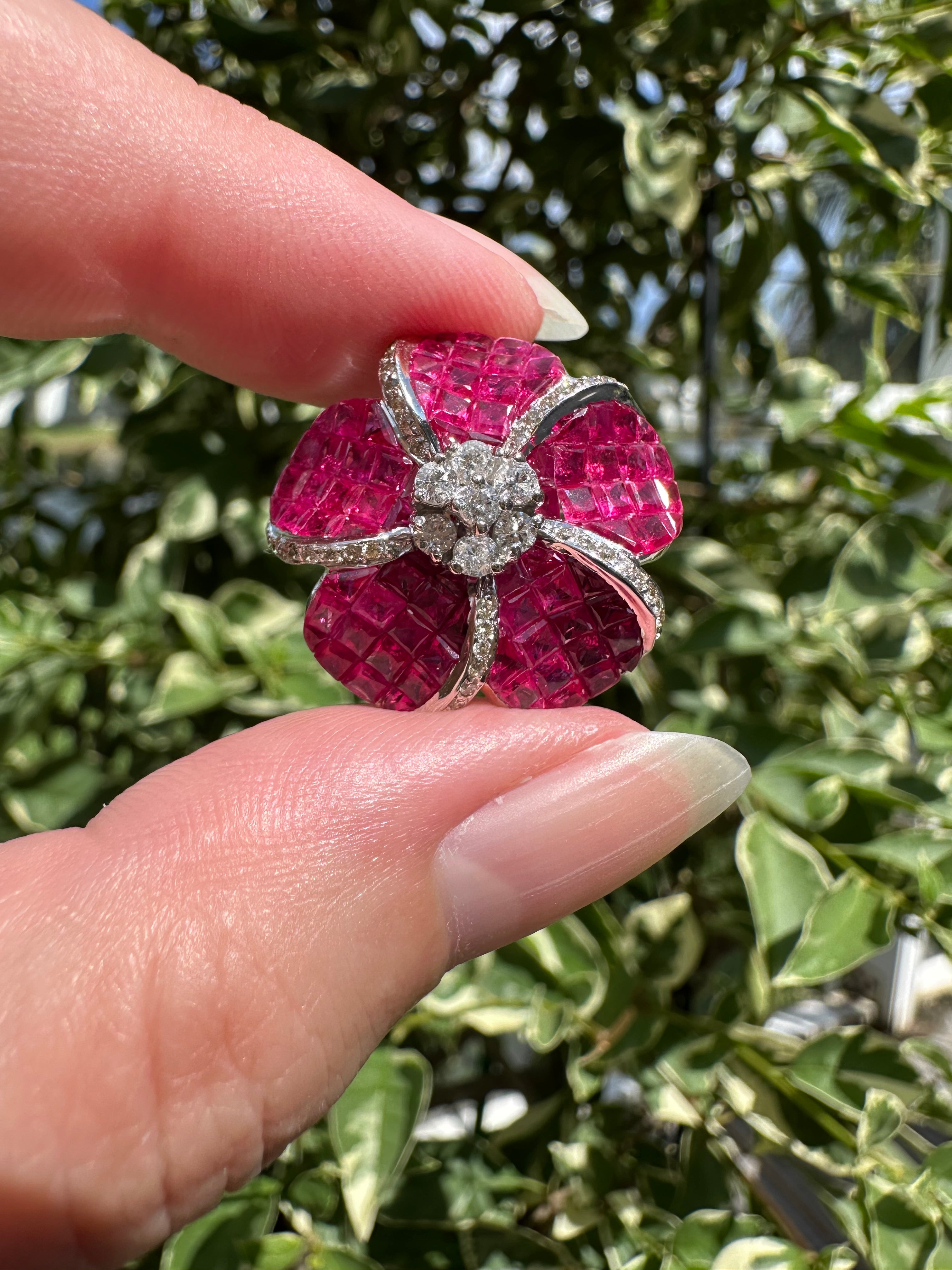 14k Ruby Diamond Flower Pin/ Pendant