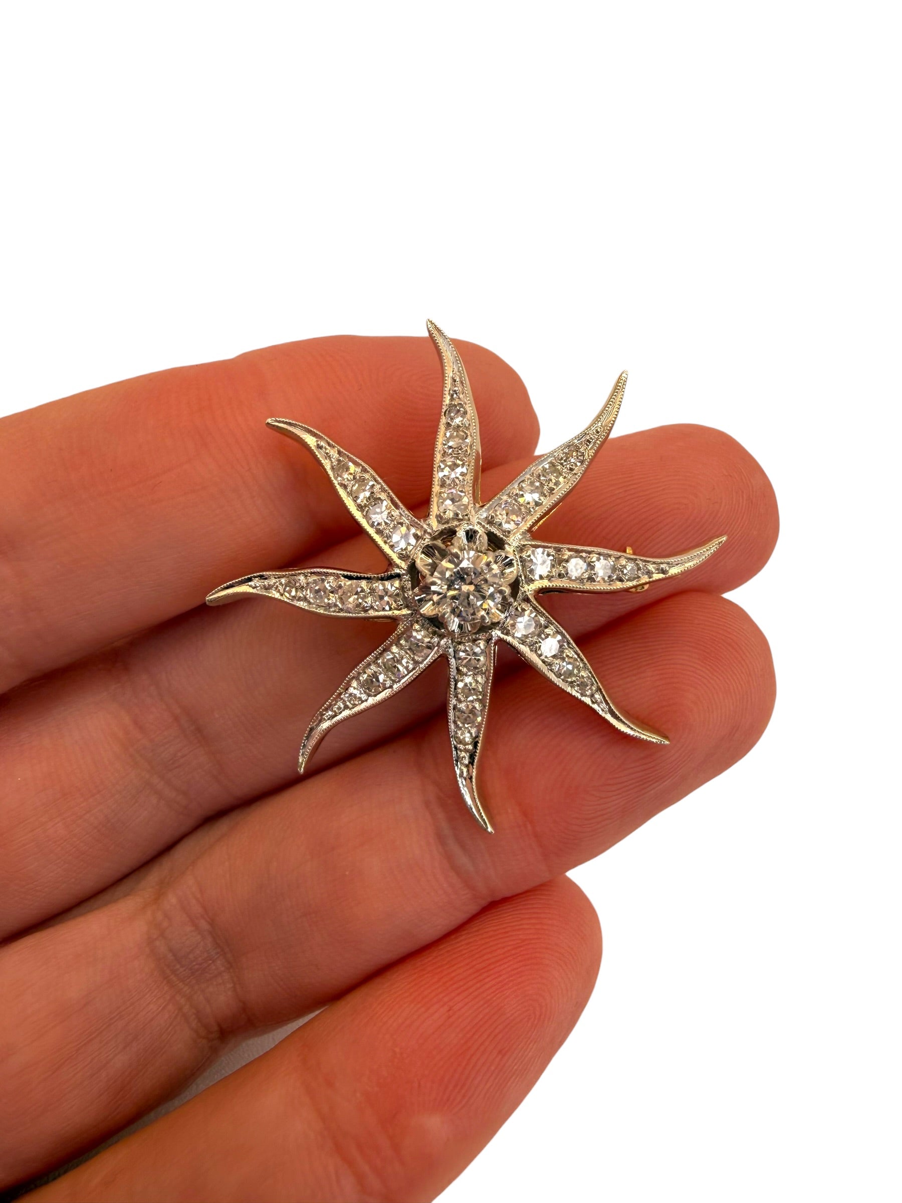 14k Diamond Sunburst Brooch/Pendant