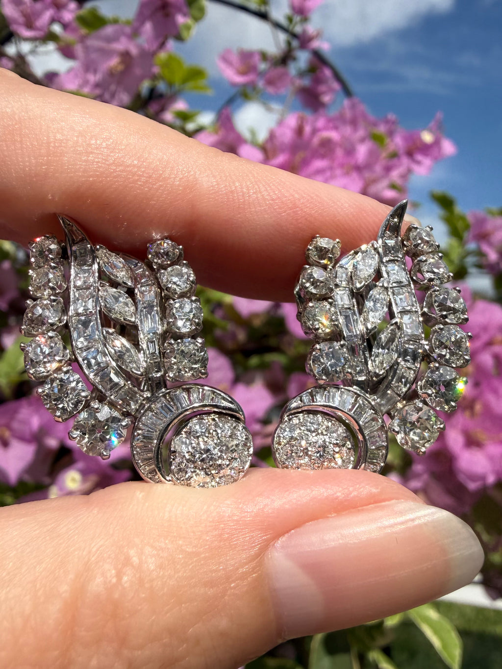 Platinum Mid Century Diamond Clip On Earrings
