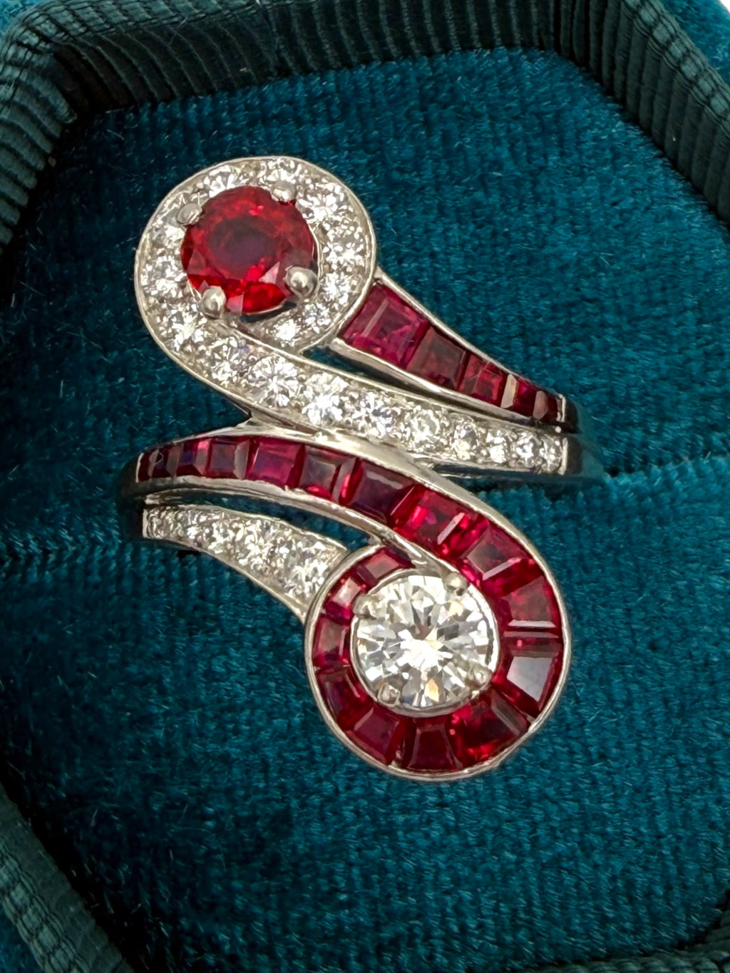 Platinum Ruby Diamond Toi et Moi Ring