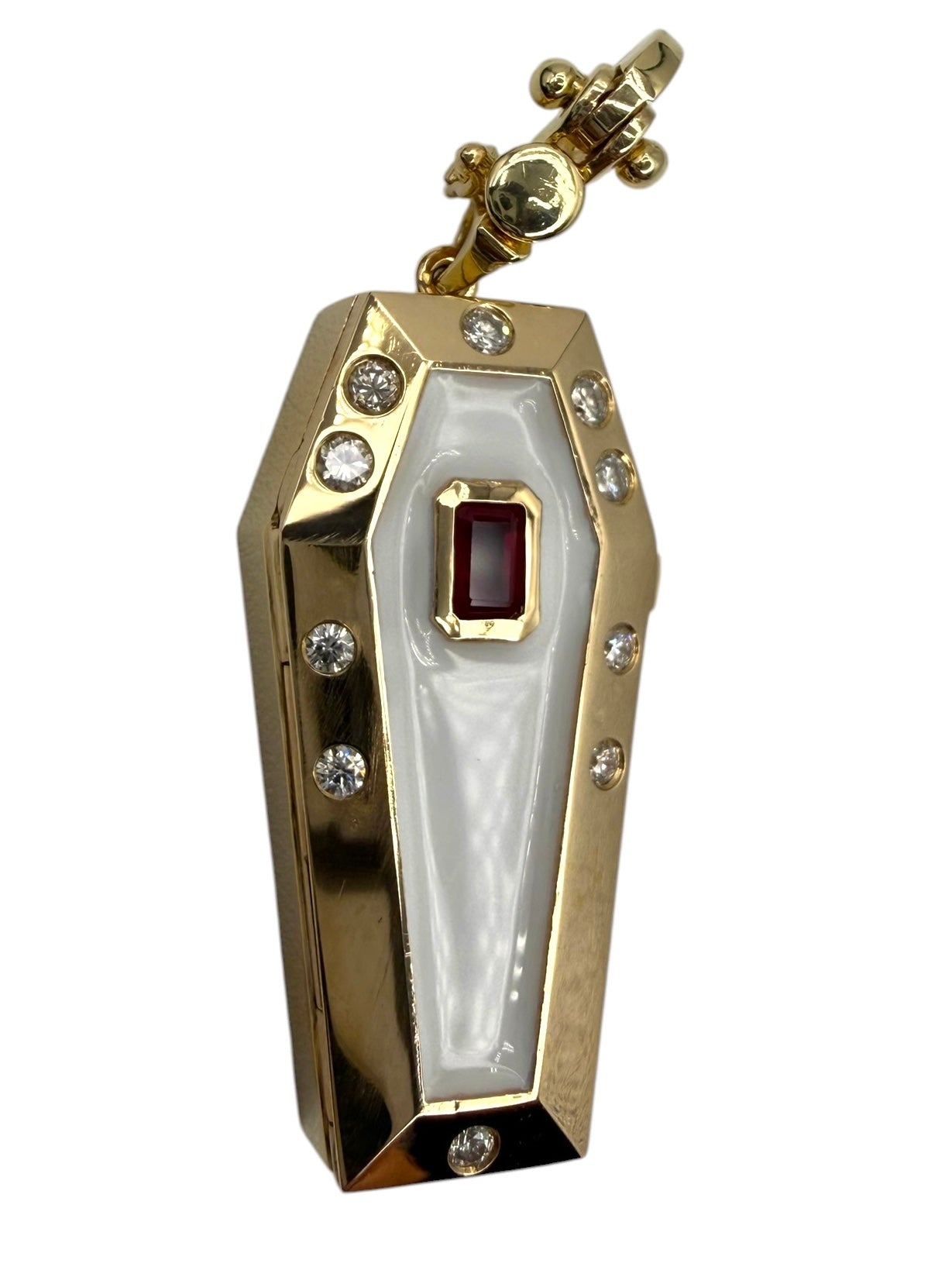 14k White Enamel Coffin and Skeleton